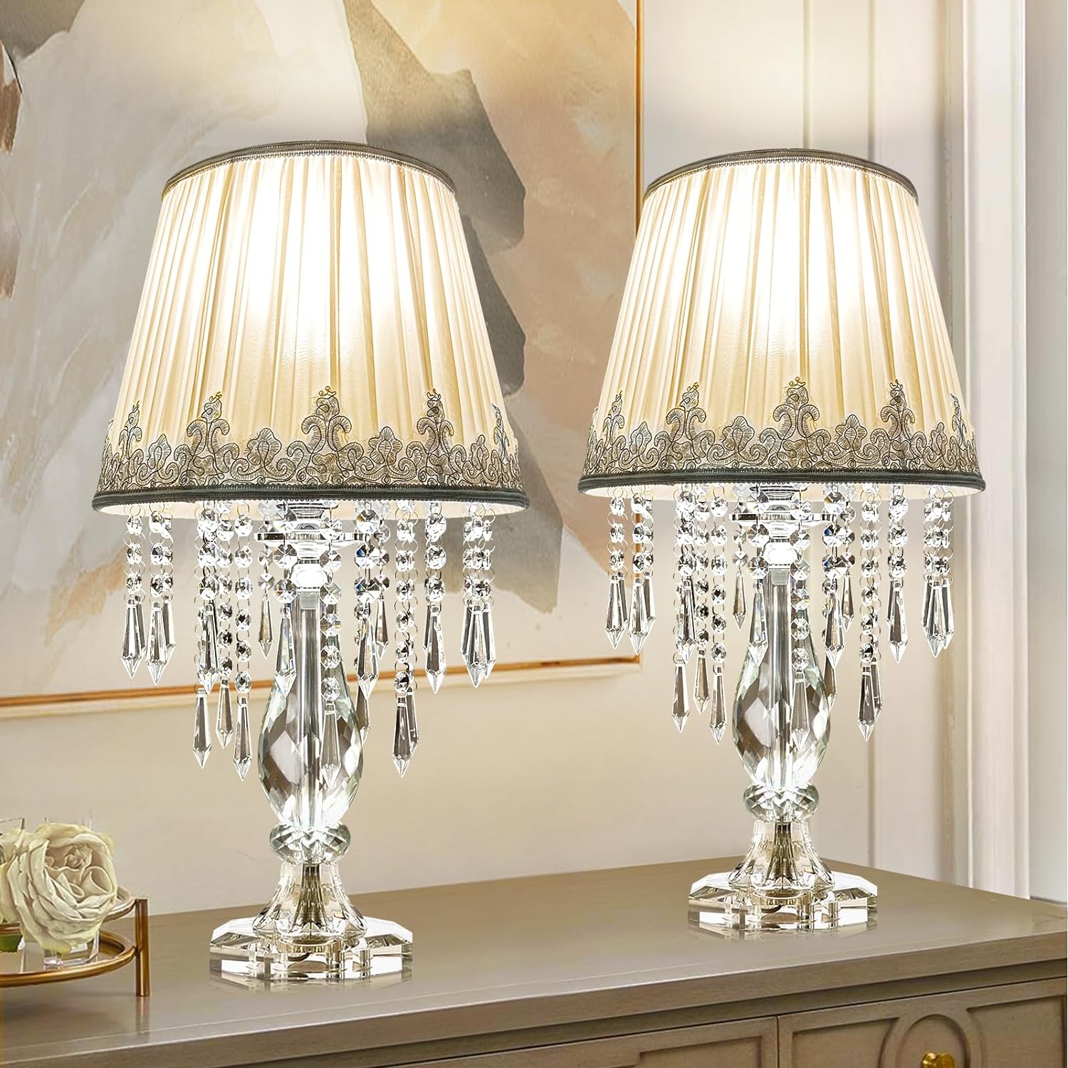 Elegant White Ruched Fabric Crystal Table Lamp - Set of 2