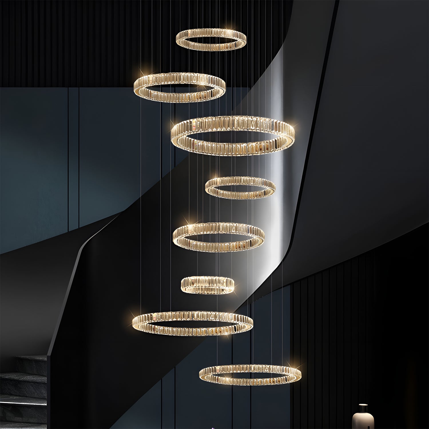 elite 8 tiered modern luxury gold k9 crystal oversized round spiral chandelier lighting hanging in modern staircase interior | Sofary Lighting