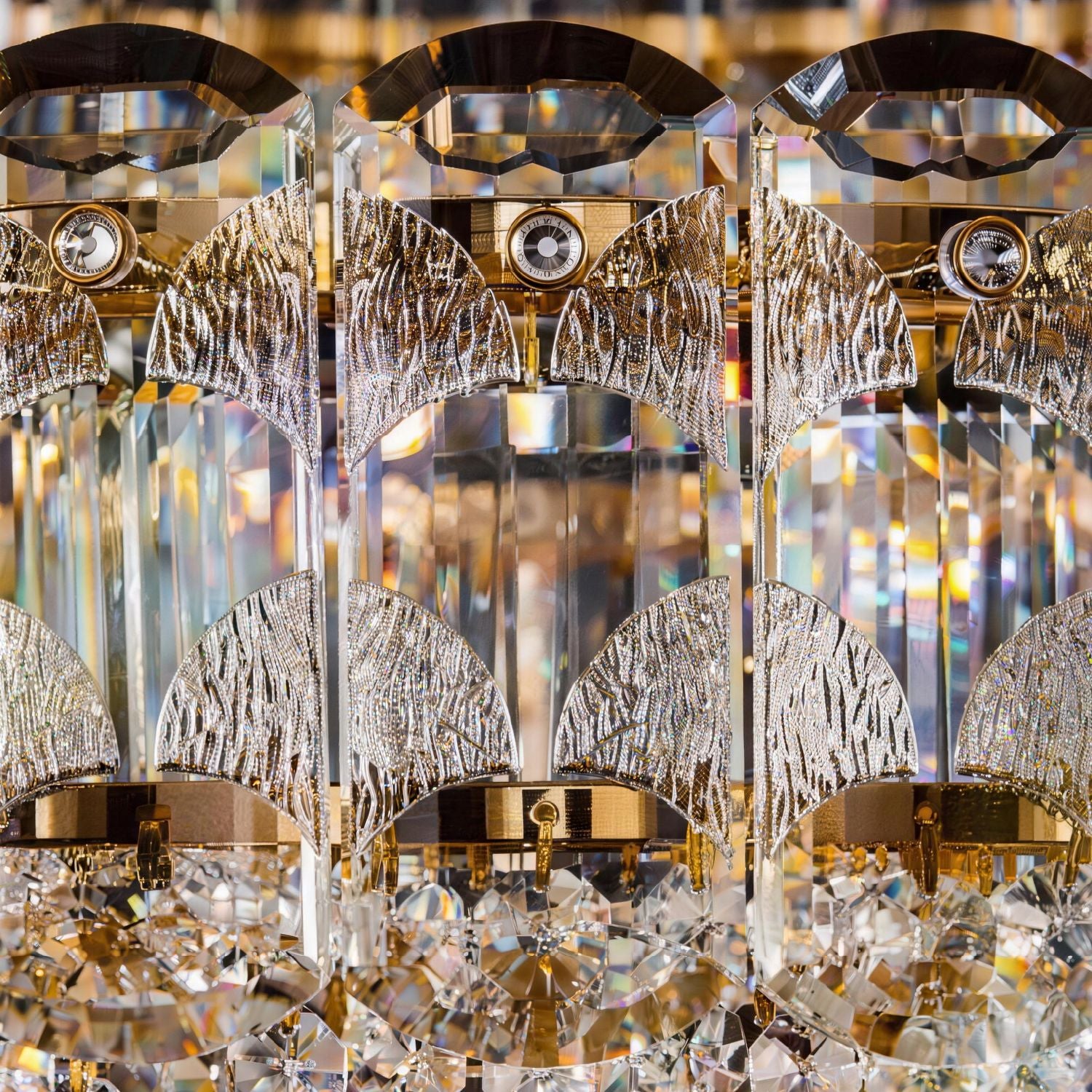 Close-up of Empire Modern Luxury Gold K9 Crystal Double Tiered Three-Color Dimming Chandelier, showcasing intricate crystal craftsmanship, gold accents, and double-tiered design for premium light refraction