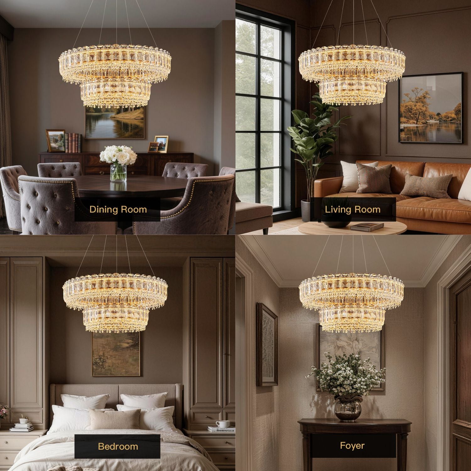 Empire Modern Luxury Gold K9 Crystal Double Tiered Three-Color Dimming Chandelier showcases versatile use across dining rooms, living rooms, bedrooms, and foyers, with its double-tiered crystal design enhancing every space’s elegance