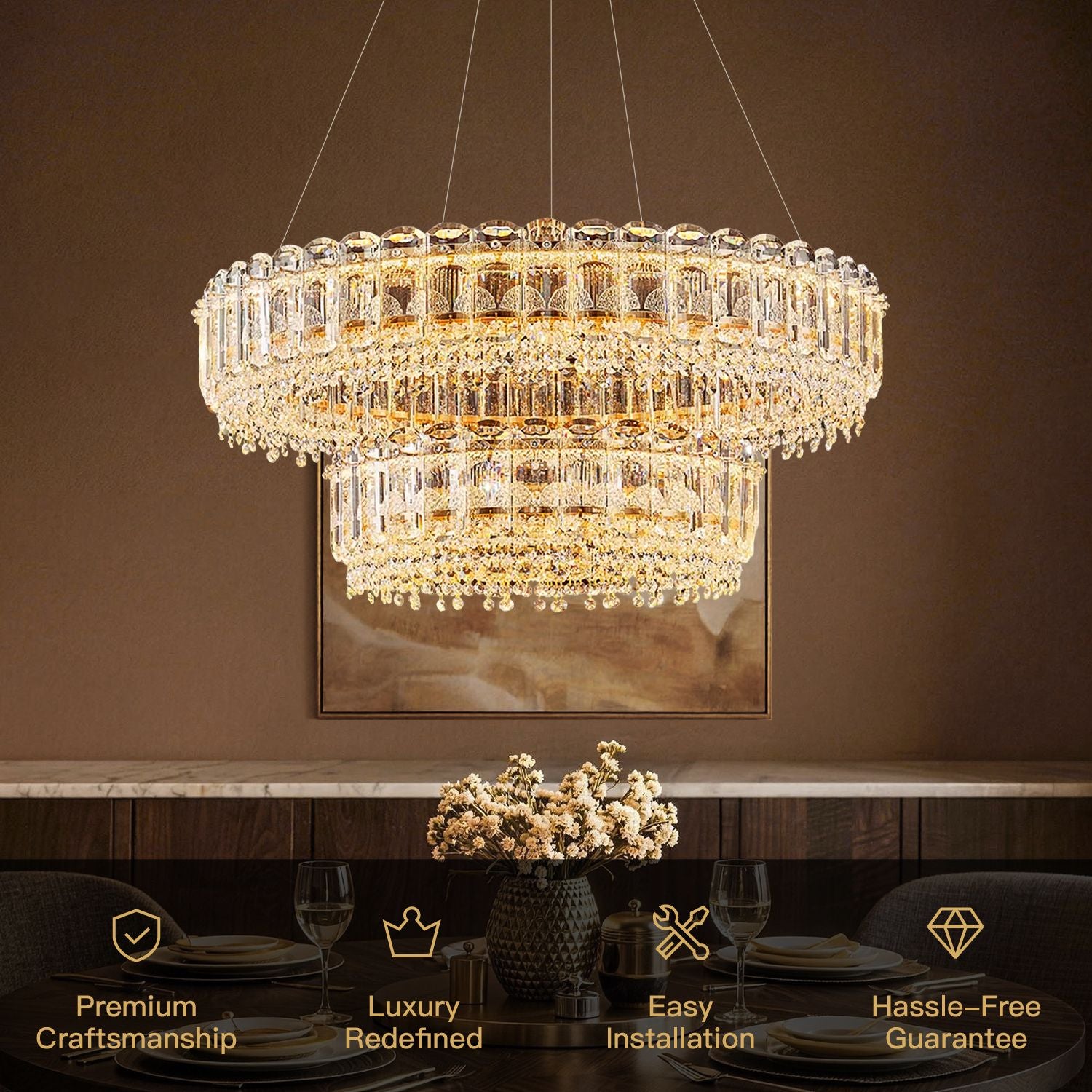 Empire Modern Luxury Gold K9 Crystal Double Tiered Three-Color Dimming Chandelier features premium craftsmanship, luxury redefined with double-tiered K9 crystals, easy installation, and hassle-free guarantee—ideal for dining, living, or bedroom spaces