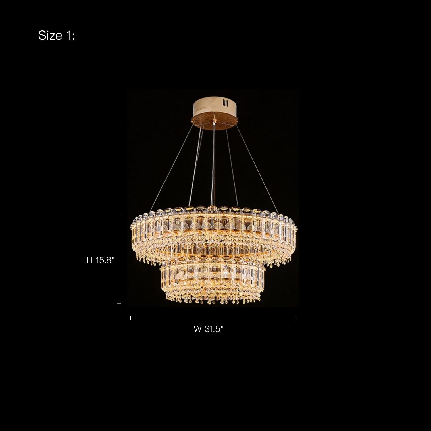 Empire Modern Luxury Gold K9 Crystal Double Tiered Three-Color Dimming Chandelier (Size 1: H 15.8", W 31.5") — precise dimensions for easy space planning and installation