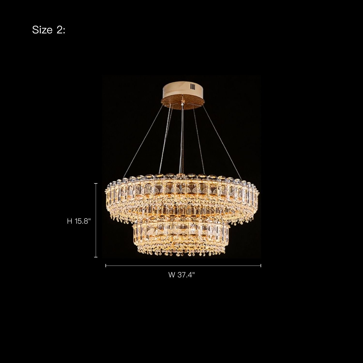 Empire Modern Luxury Gold K9 Crystal Double Tiered Three-Color Dimming Chandelier (Size 2: H 15.8", W 37.4") — detailed sizing for larger spaces, ensuring perfect fit and visual balance