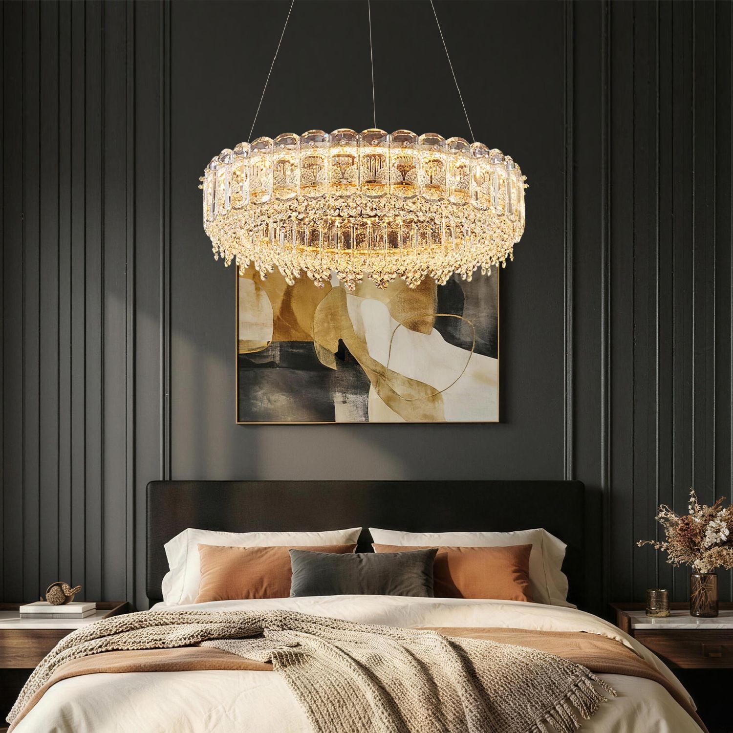 Empire Modern Minimalist Gold K9 Crystal Single Tiered Three-Color Dimming Chandelier enhances a cozy bedroom with soft, eye - friendly lighting, perfect for creating a luxurious and relaxing atmosphere | Sofary Lighting