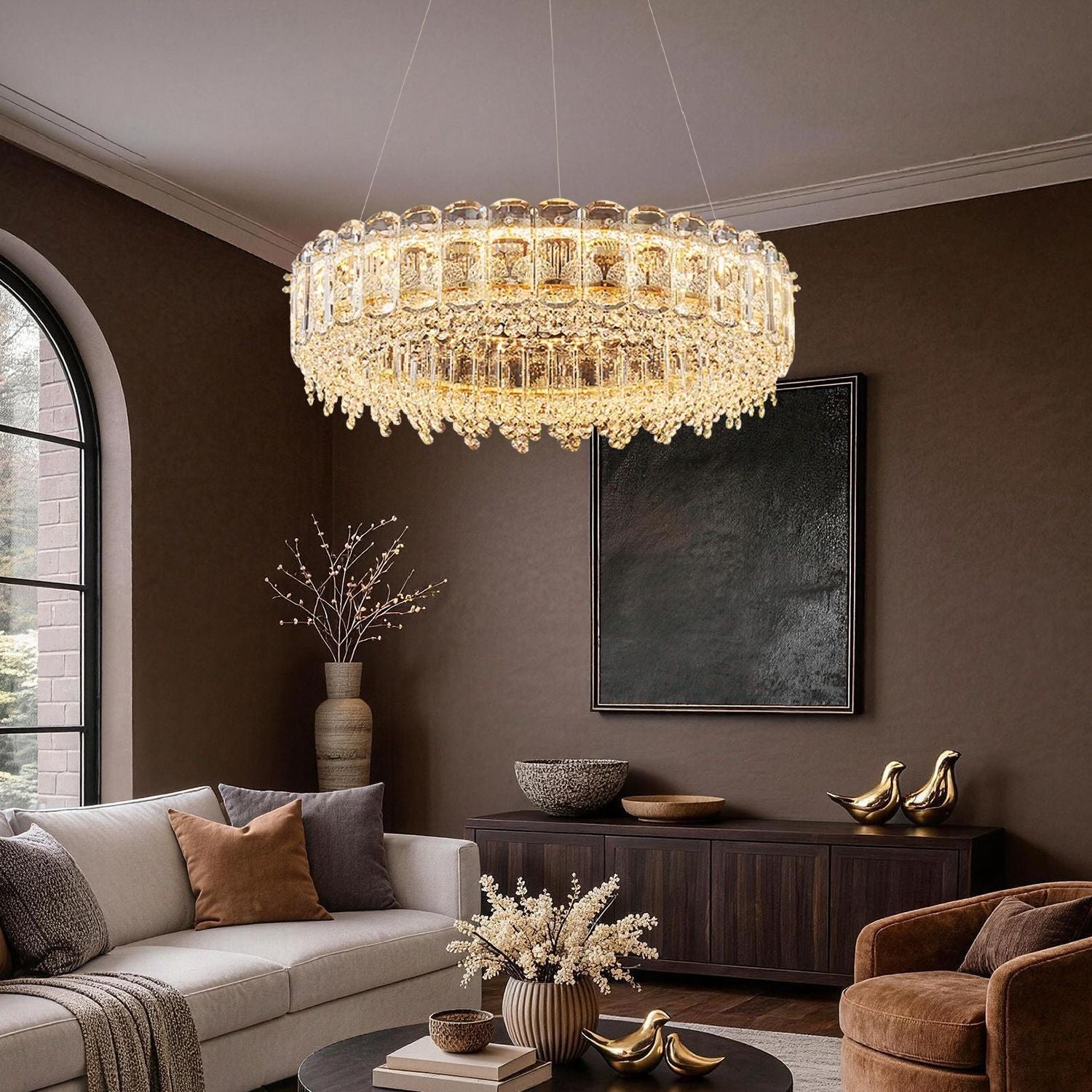 Empire Modern Minimalist Gold K9 Crystal Single Tiered Three-Color Dimming Chandelier contrasting beautifully against dark textured walls — adding luxury and depth to modern dining interiors | Sofary Lighting