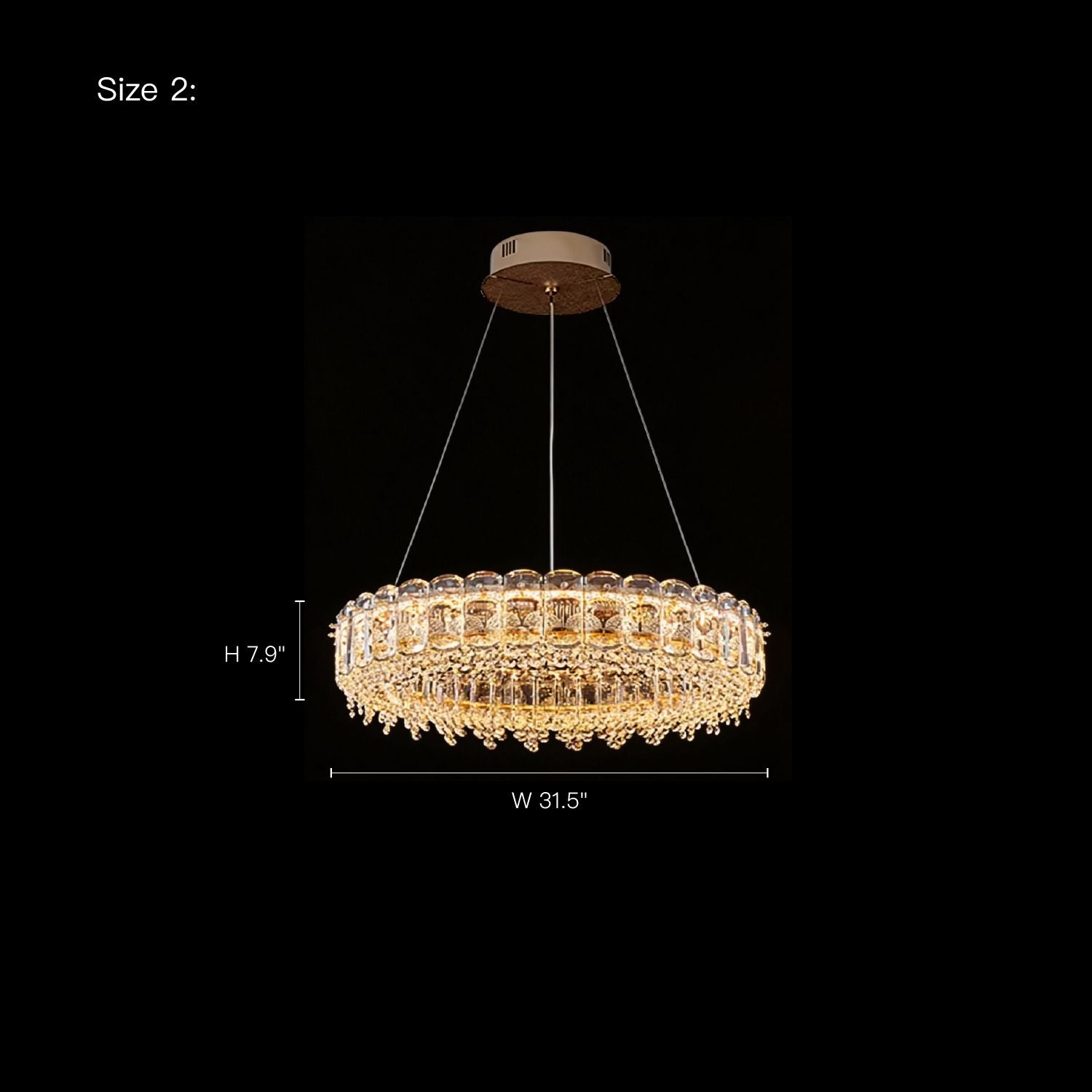 Empire Modern Minimalist Gold K9 Crystal Single Tiered Three-Color Dimming Chandelier — Size 1: Height 11”, Width 39.4”, Depth 13.8” — perfect for medium to large spaces requiring statement lighting.