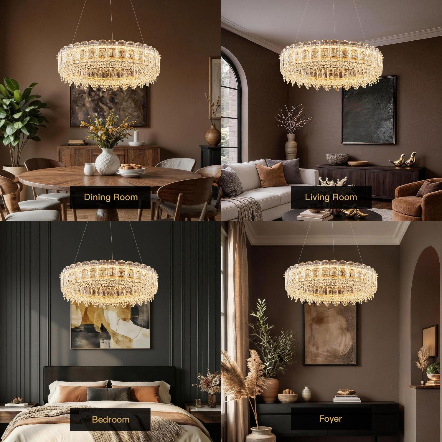 Empire Modern Minimalist Gold K9 Crystal Single Tiered Three-Color Dimming Chandelier shown in four settings: dining room, kitchen island, living room, and commercial space — highlighting its adaptable elegance | Sofary Lighting