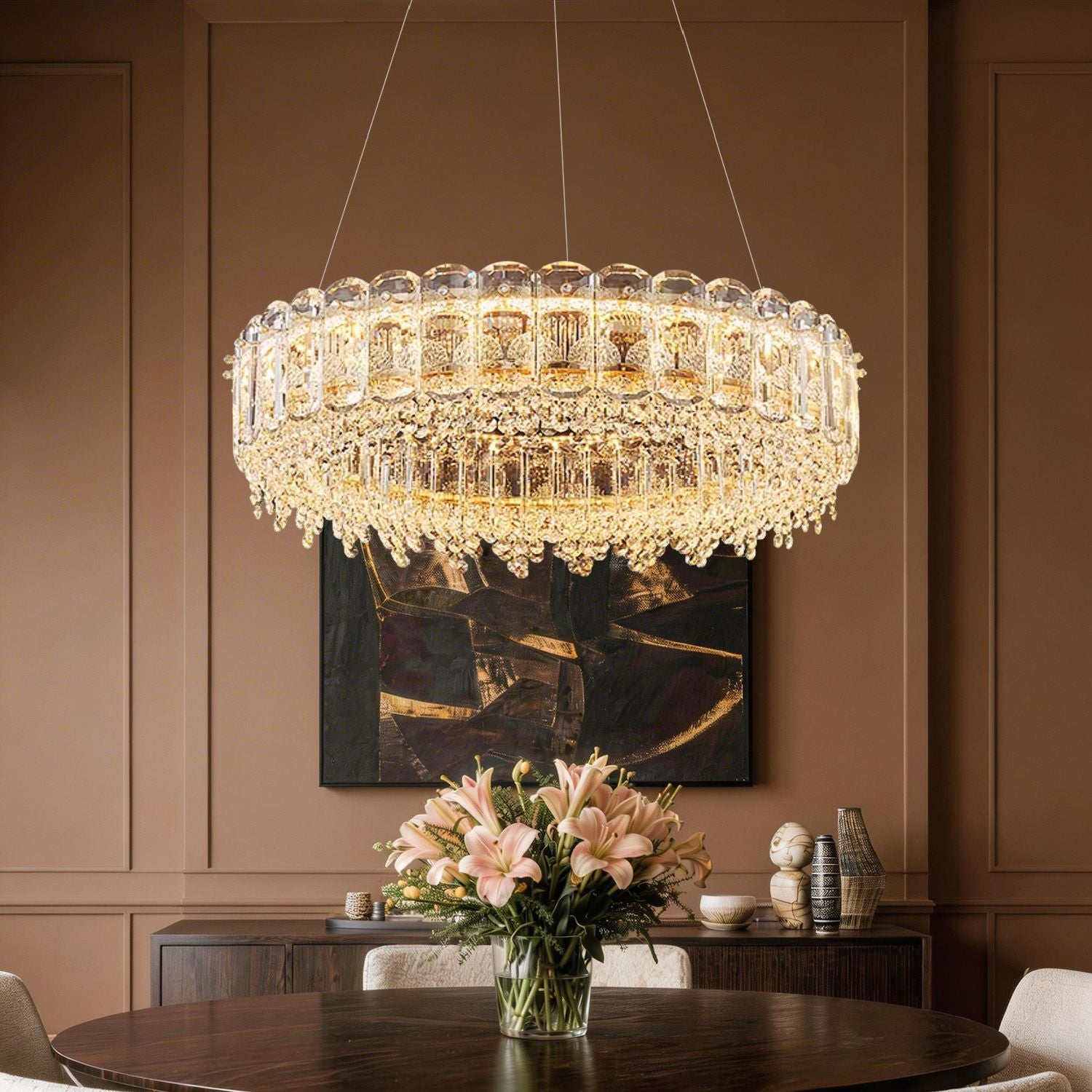 Empire Modern Minimalist Gold K9 Crystal Single Tiered Three-Color Dimming Chandelier elegantly illuminates a luxury dining room with warm, adjustable lighting and a clean, sophisticated design | Sofary Lighting