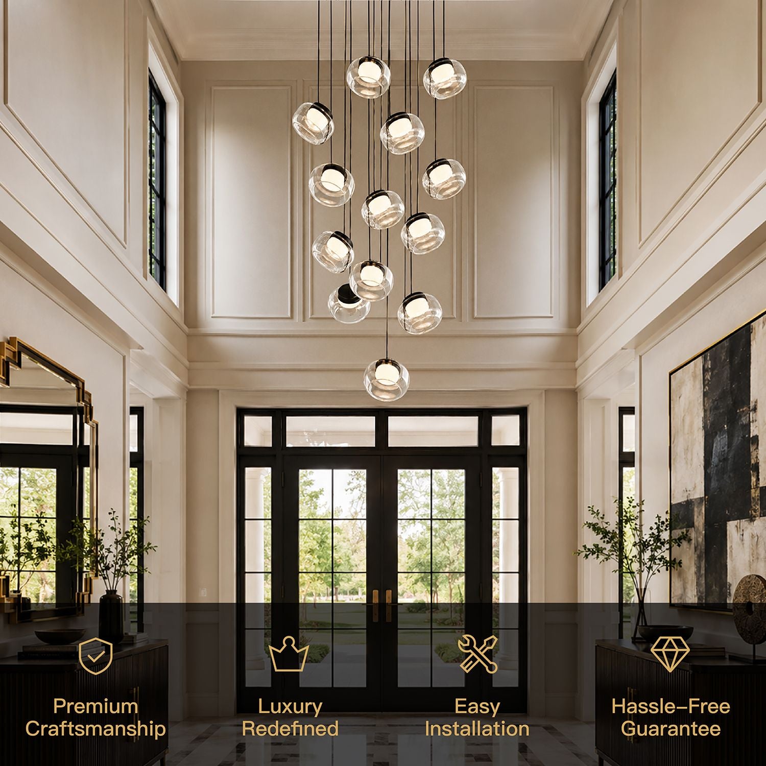 Key product features: Premium Craftsmanship, Luxury Redefined, Easy Installation, and Hassle-Free Guarantee — showcasing quality assurance for the Etherea chandelier | Sofary Lighting