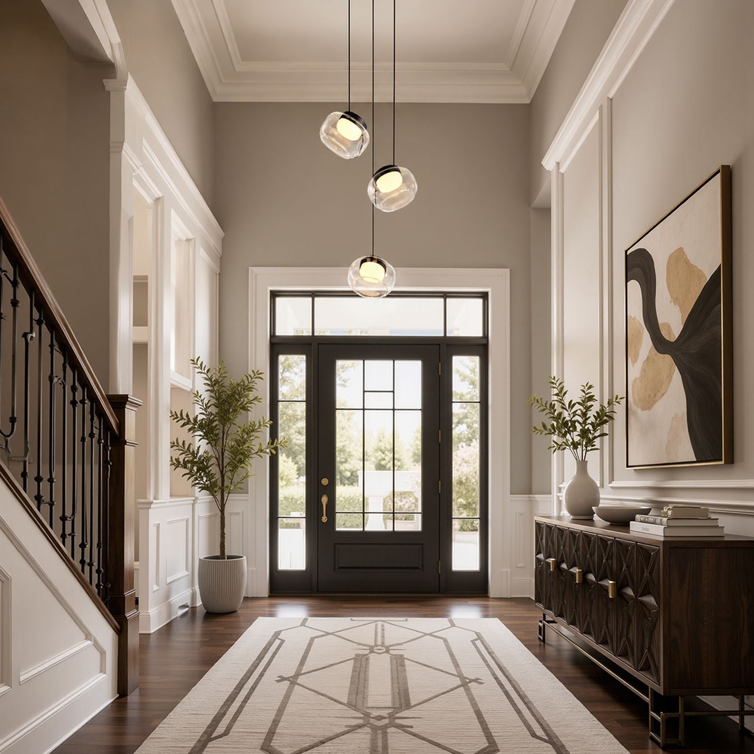 Etherea Chandelier illuminating a modern foyer — dark wood console table, textured vase with dried branches, arched doorway, and soft diffused glass globe light | Sofary Lighting