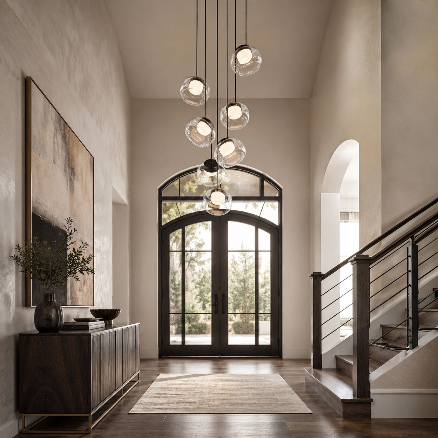 Etherea Chandelier in a bright minimalist foyer — light beige walls, abstract wall art, large grid windows, and modern black double front doors with warm glow | Sofary Lighting