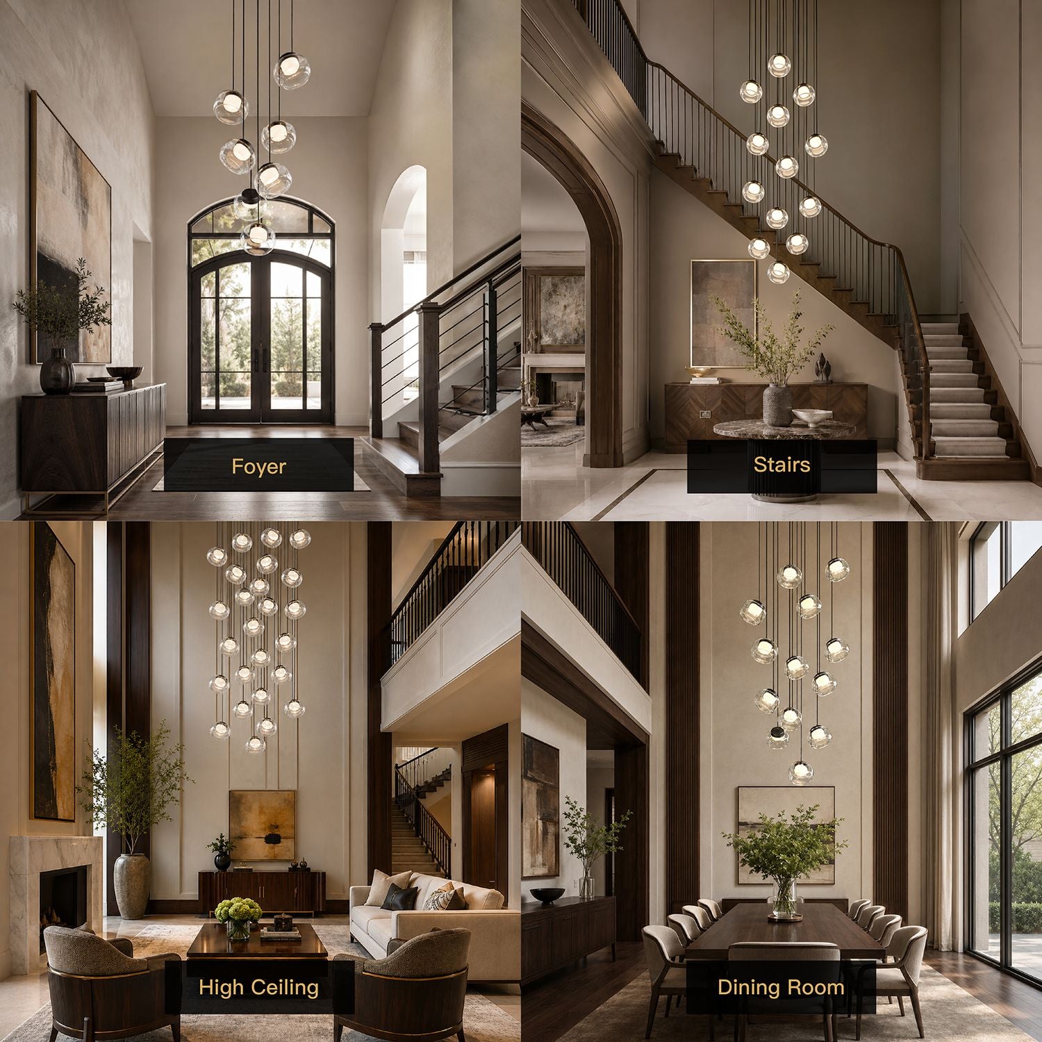 Etherea Chandelier multi-scene application collage — displaying versatile use in foyers, staircases, living rooms, and dining areas for modern home decor | Sofary Lighting
