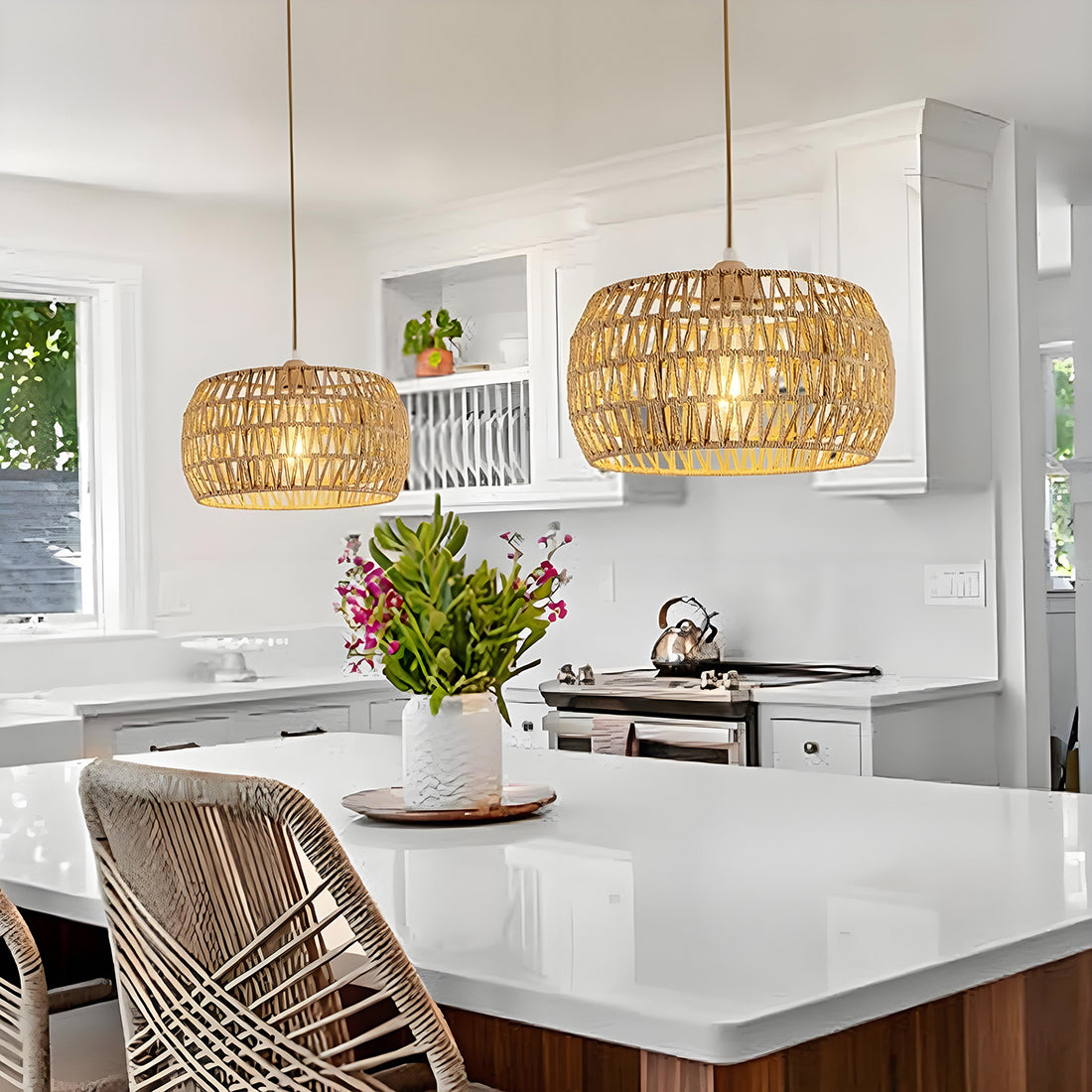 Natural Rattan Pendant Light for Kitchen, Dining Room & Living