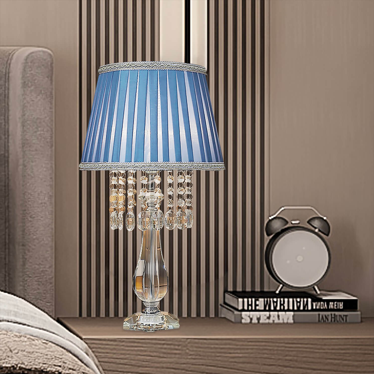 Fashion Crystal Table Lamp with Blue Lampshade-bedroom |Sofary