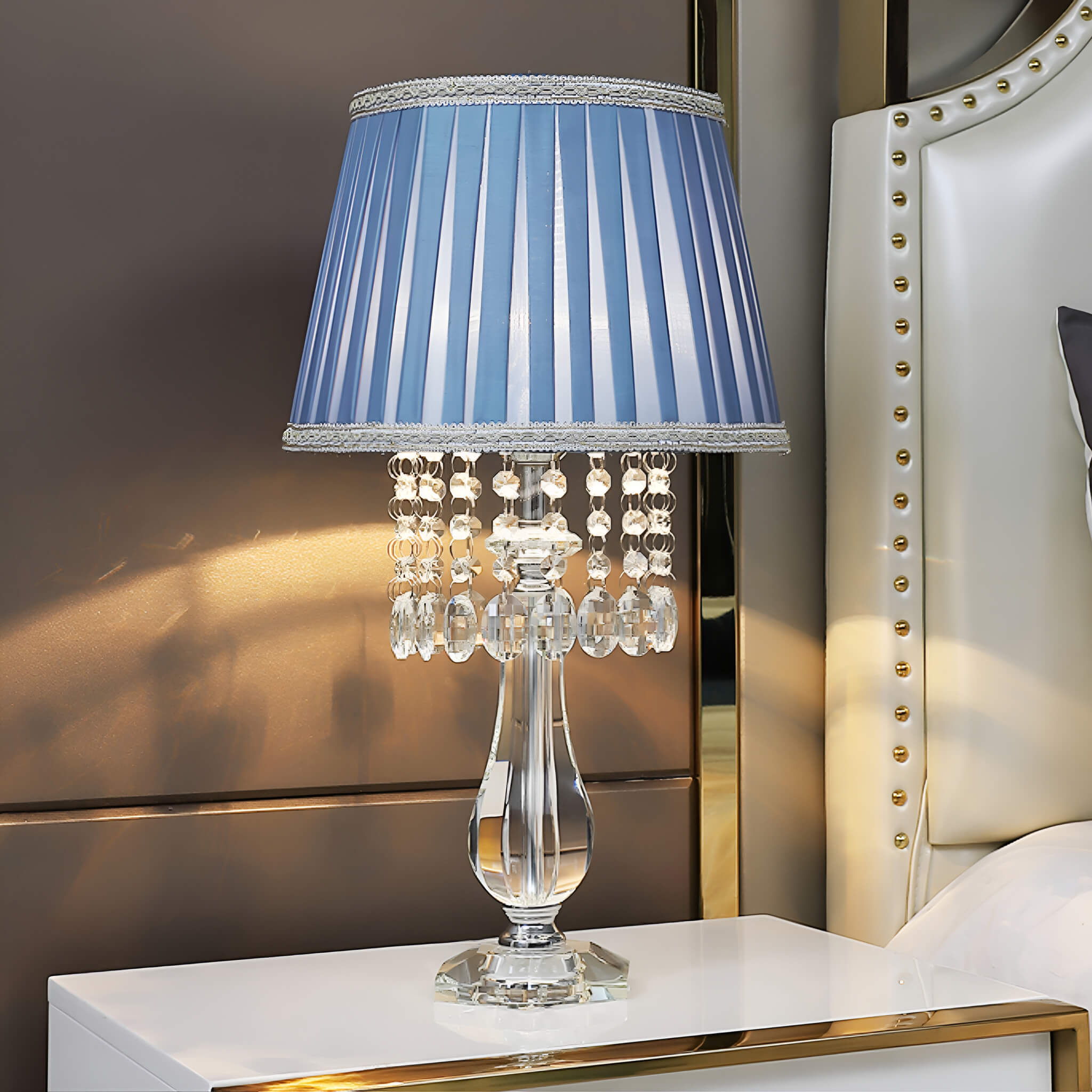 Fashion Crystal Table Lamp with Blue Lampshade-bedside |Sofary