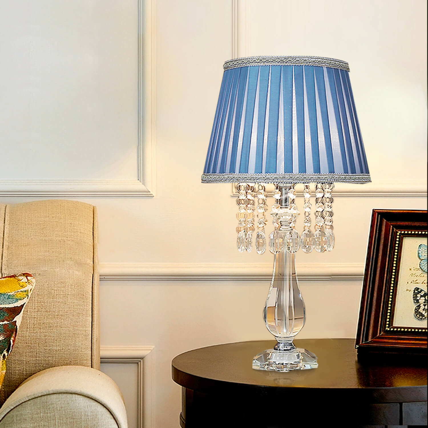 Fashion Crystal Table Lamp with Blue Lampshade-livingroom |Sofary