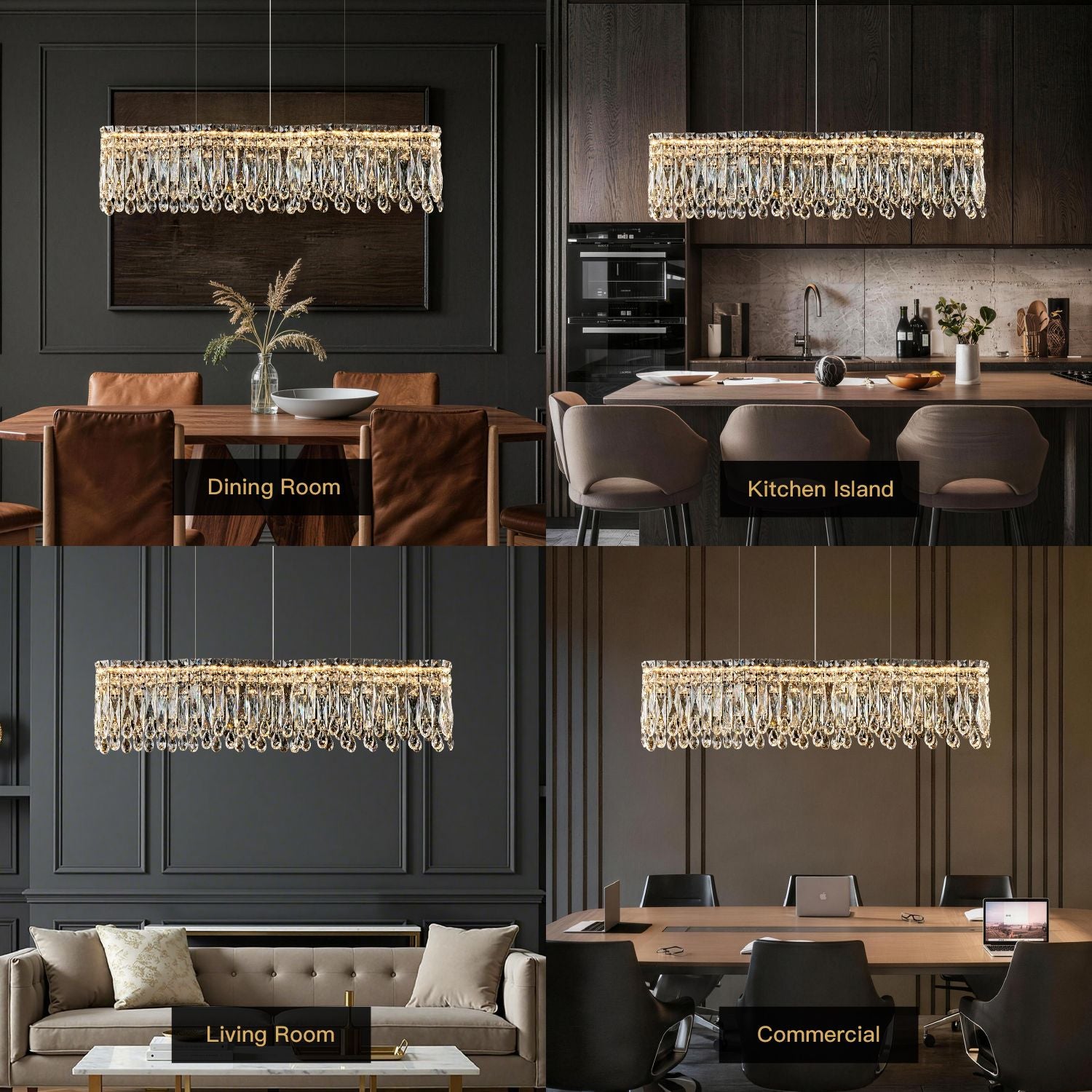 Flow Linear Modern Wave Integrated LED K9 Crystal Dining Chandelier in 4 home/commercial scenes: Dining Room (dark table), Kitchen Island (marble countertop), Living Room (beige sofa), Commercial (conference table) | Sofary Lighting