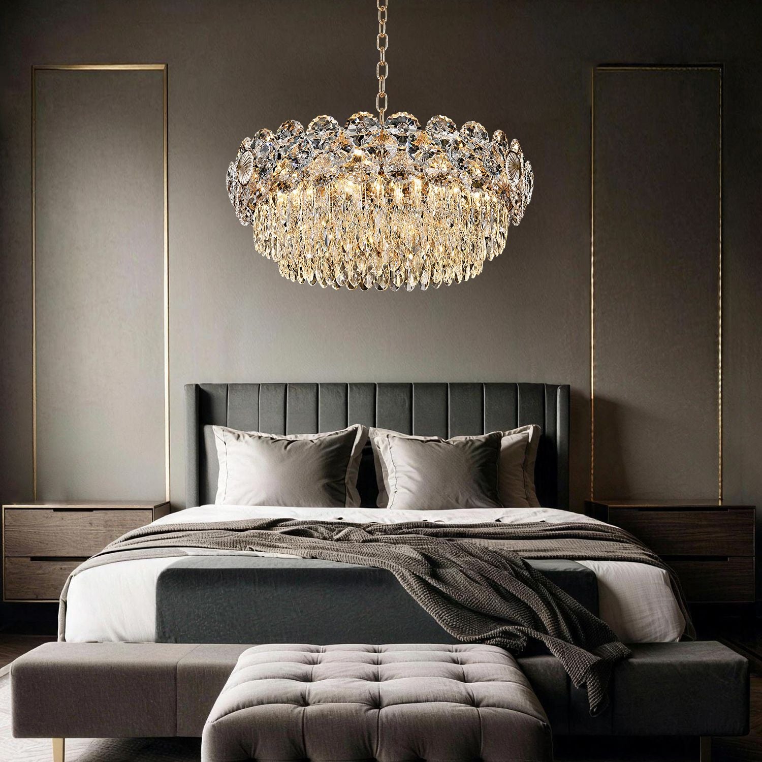 Glacia Modern Luxury Staggered K9 Crystal Flush Mount Chandelier in a bedroom — hanging above a dark upholstered bed with gray bedding, against a dark paneled wall with a landscape painting | Sofary Lighting