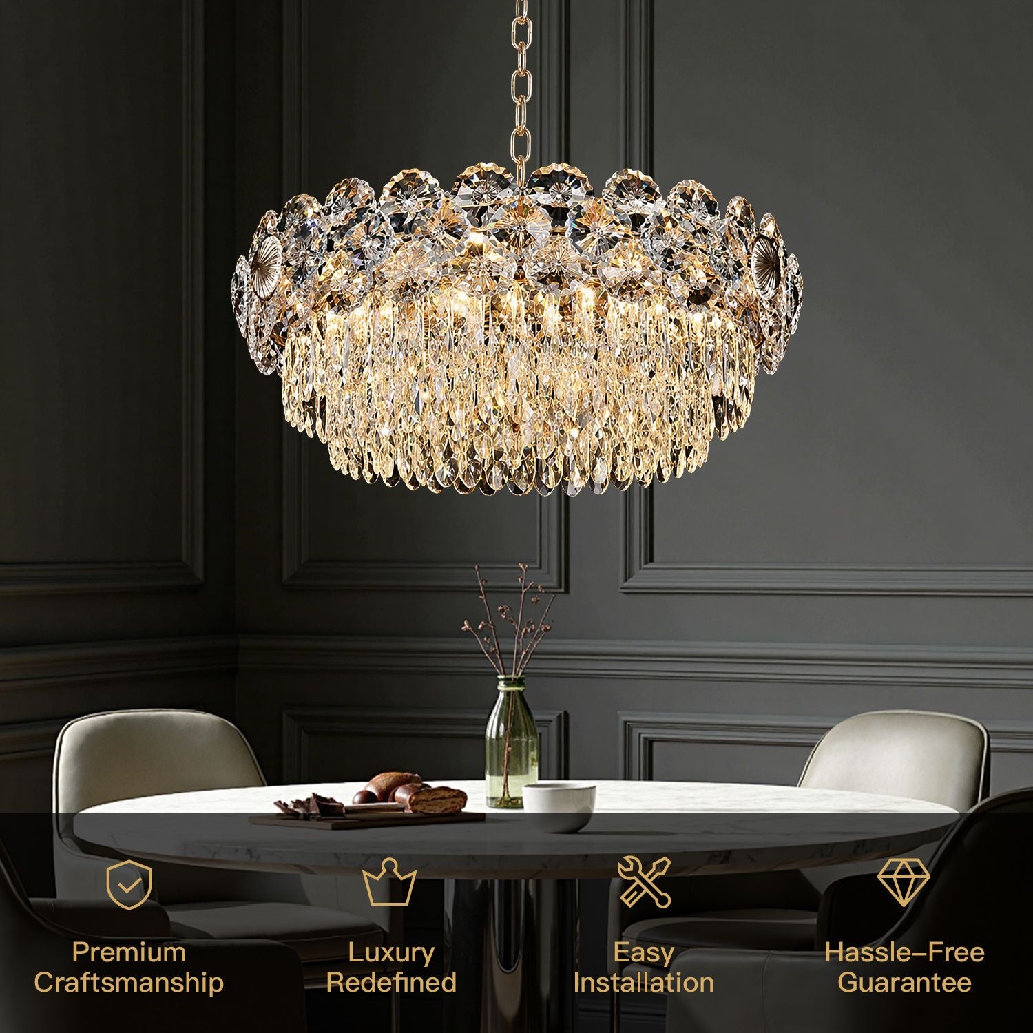 Glacia Modern Luxury Staggered K9 Crystal Flush Mount Chandelier key features: Premium Craftsmanship, Luxury Redefined, Easy Installation, Hassle-Free Guarantee | Sofary Lighting