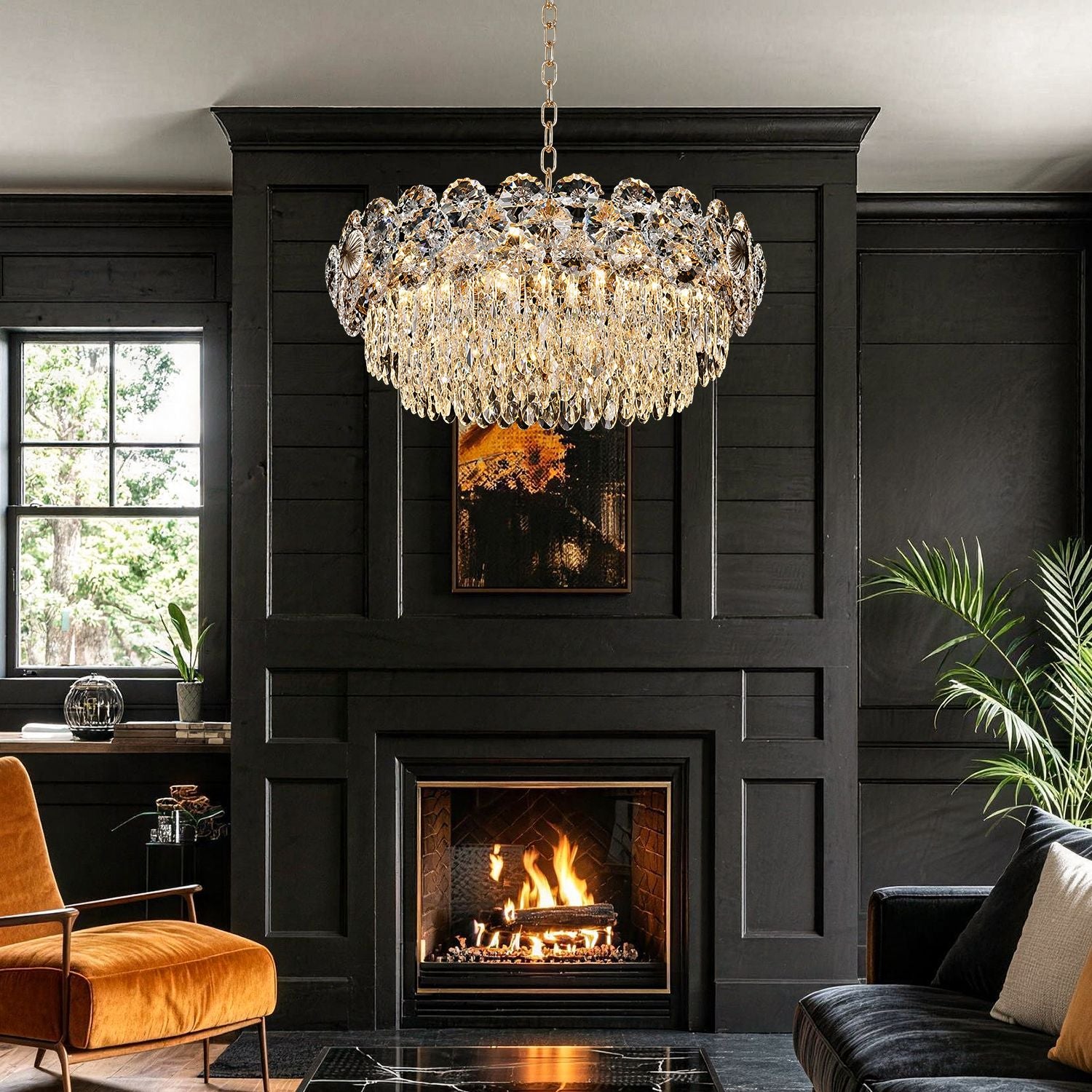Glacia Modern Luxury Staggered K9 Crystal Flush Mount Chandelier in a living room — hanging above a beige tufted sofa with decorative pillows, against a dark paneled wall with artwork | Sofary Lighting