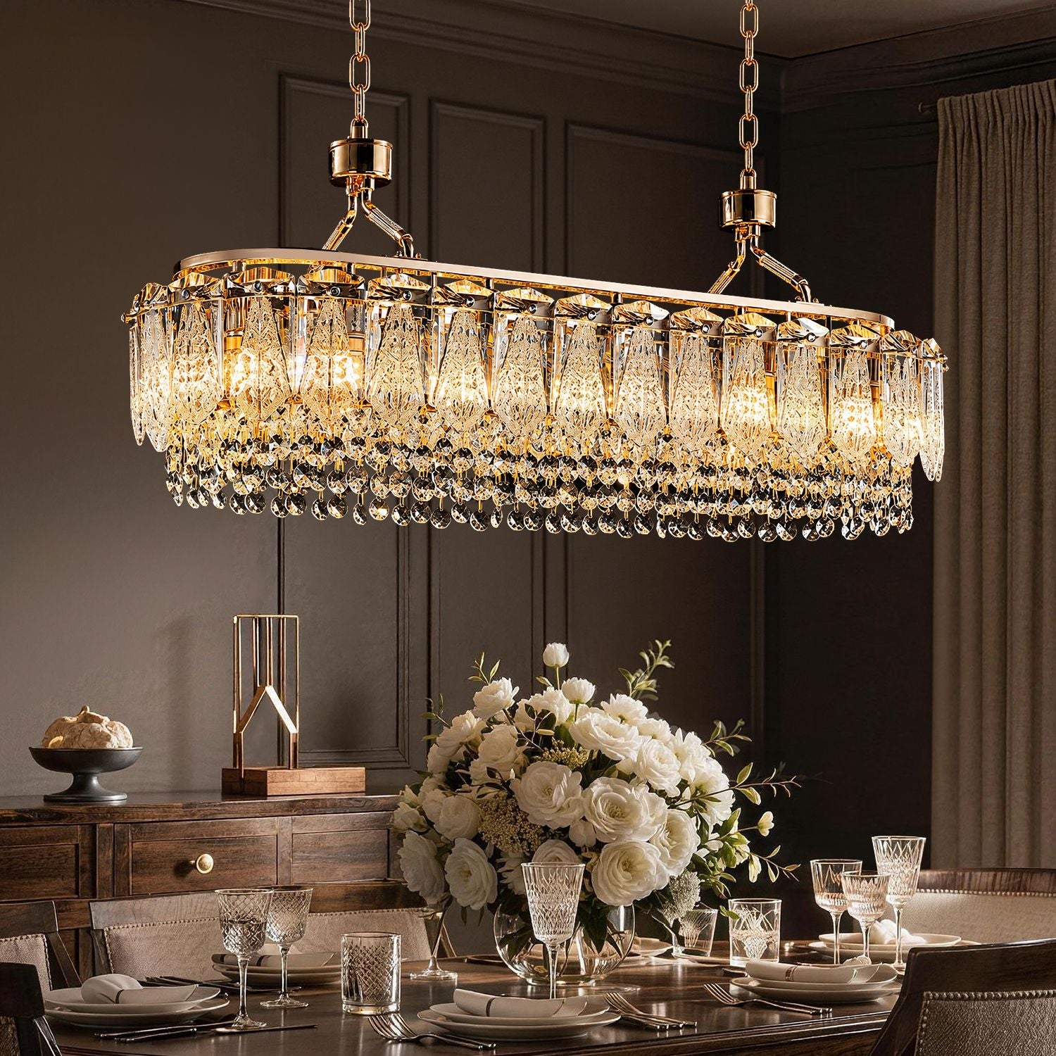 Glacier Modern Linear Ice-Cracked Crystal Chandelier in a luxurious dining room — illuminating a dark wood table set with a grand bouquet of white roses and crystal glassware, against dark paneled walls | Sofary Lighting