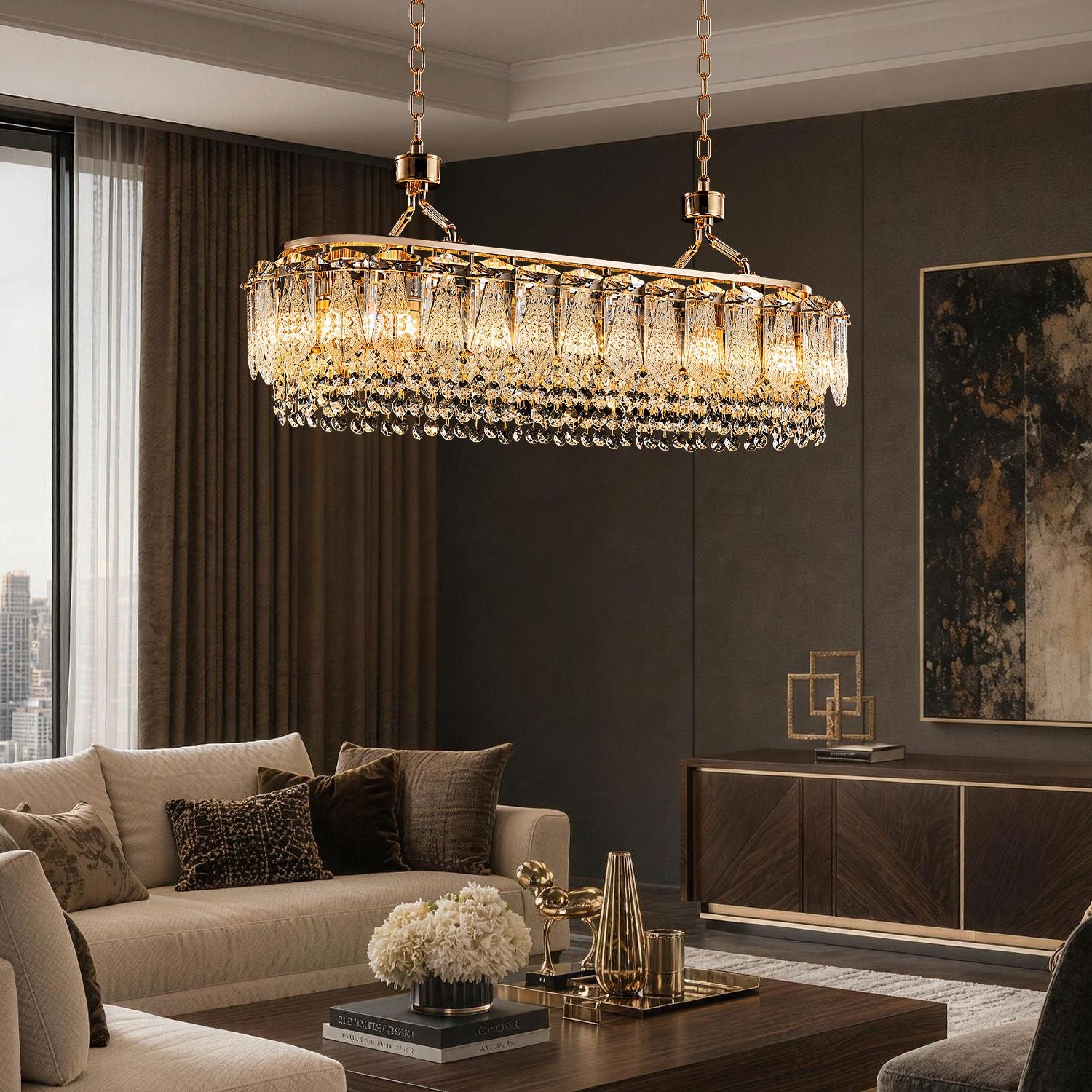 Glacier Modern Linear Ice-Cracked Crystal Chandelier in a sophisticated living room — illuminating a beige sectional sofa with decorative pillows, a dark wood coffee table, and abstract wall art | Sofary Lighting