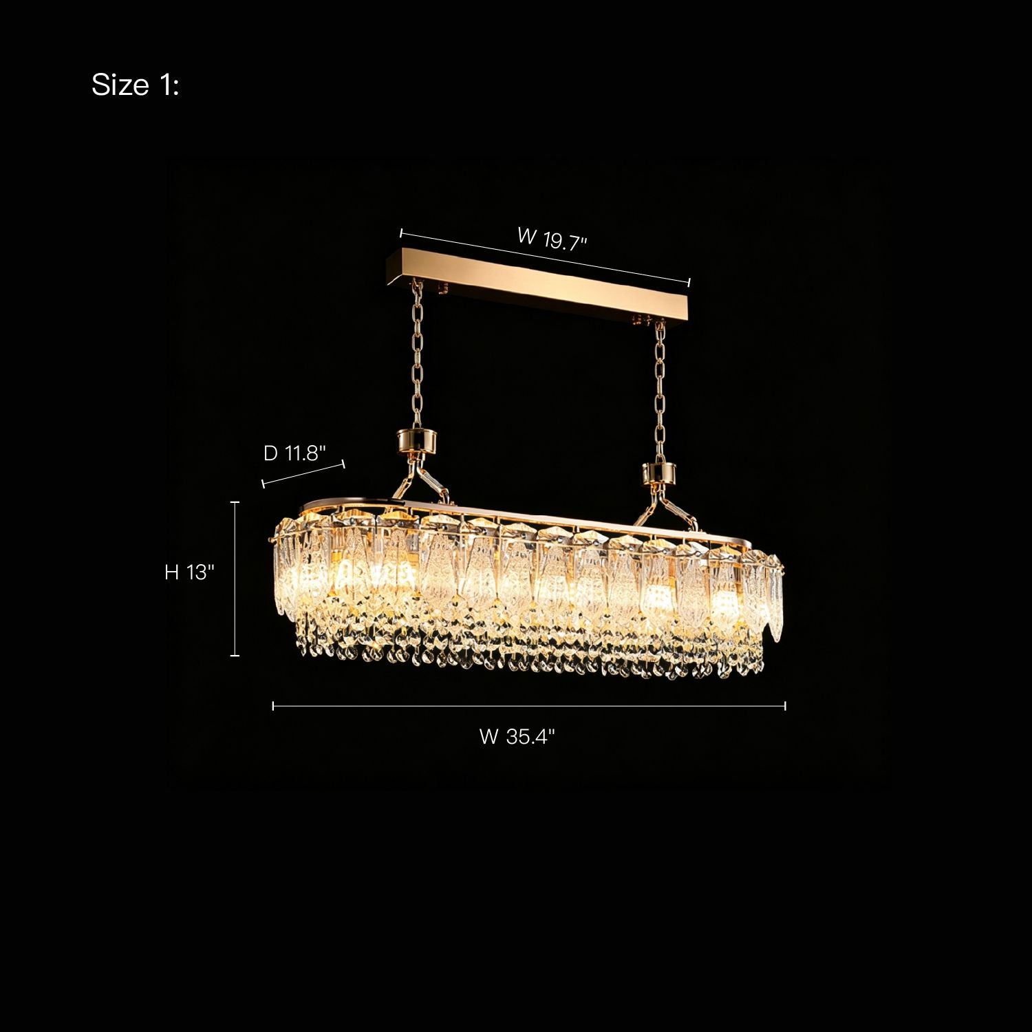 Glacier Modern Linear Ice-Cracked Crystal Chandelier Size 1 technical drawing — dimensions: Width 19.7 inches, Height 13 inches, Depth 11.8 inches, displayed on a black background | Sofary Lighting