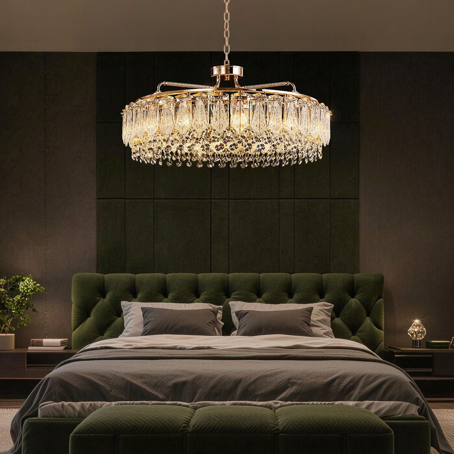 Glacier Modern Luxury Ice-Cracked Crystal Ring Chandelier in a bedroom — centered above a luxurious green velvet tufted bed, casting a warm glow over the dark wood nightstands | Sofary Lighting