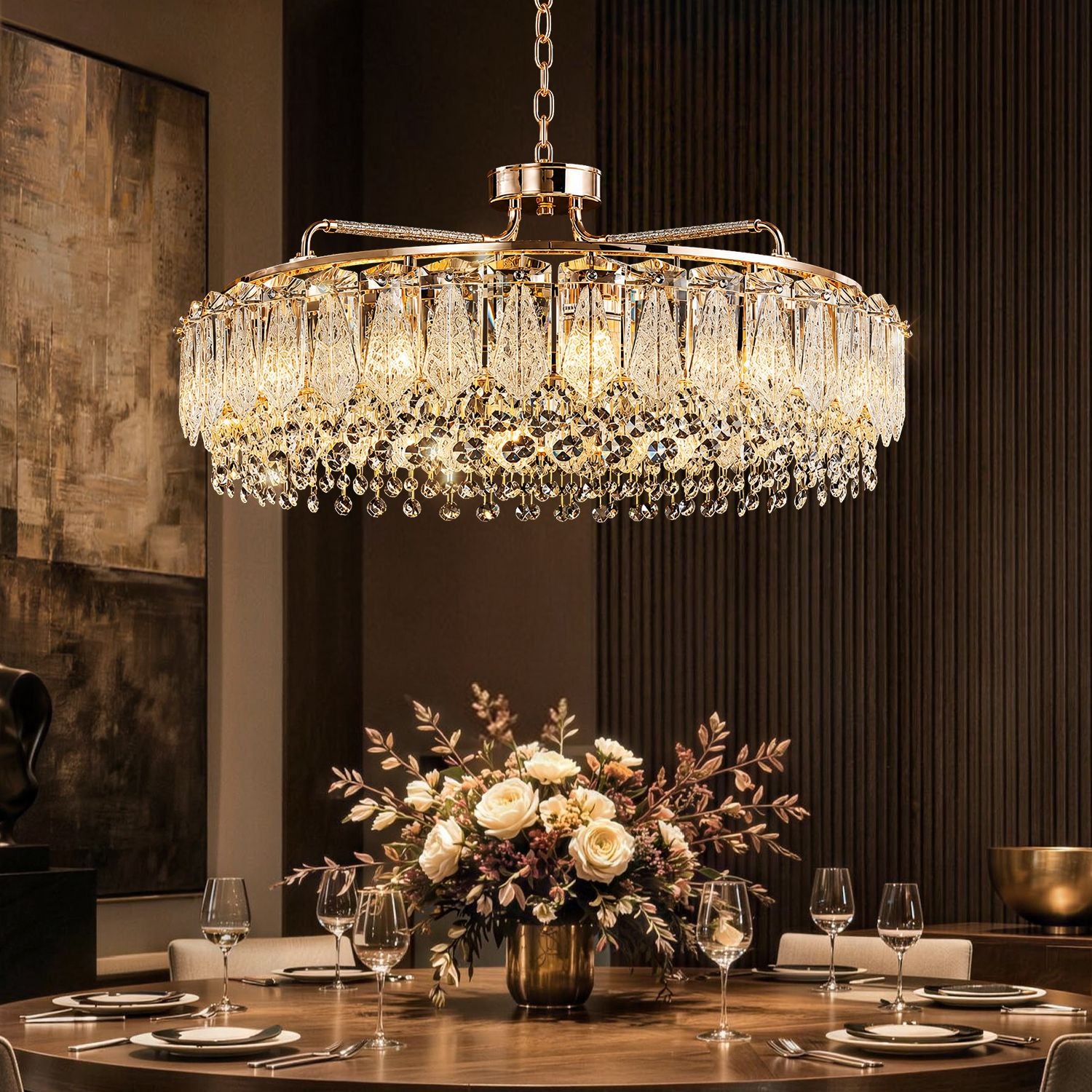 Glacier Modern Luxury Ice-Cracked Crystal Ring Chandelier in a dining room — illuminating a round wooden table set with fine china and a bouquet of white roses, against dark paneled walls | Sofary Lighting