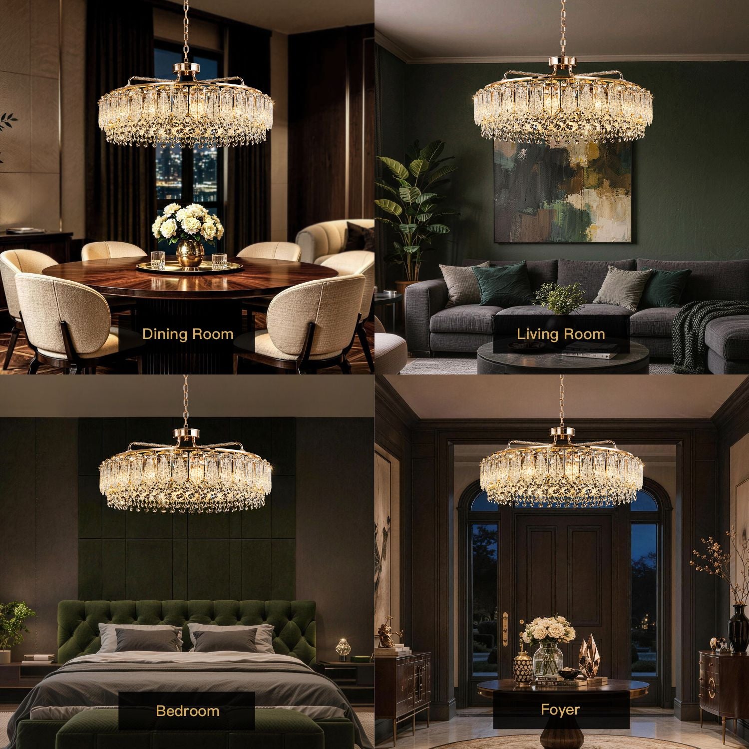 Glacier Modern Luxury Ice-Cracked Crystal Ring Chandelier in 4 home scenes: Dining Room (table setting), Living Room (sofa and coffee table), Bedroom (green tufted bed), and Foyer (entrance table) | Sofary Lighting