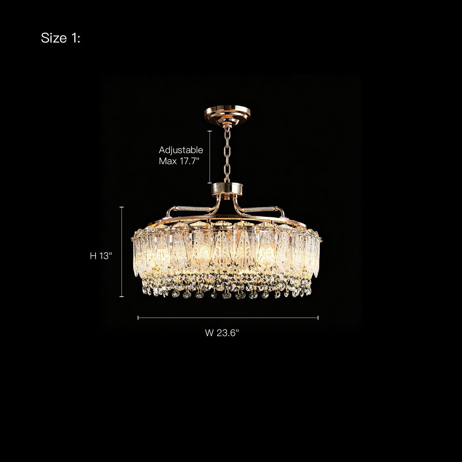 Glacier Modern Luxury Ice-Cracked Crystal Ring Chandelier Size 1 technical drawing — showing dimensions: Height 13 inches, Width 23.6 inches, with an adjustable maximum height of 17.7 inches | Sofary Lighting
