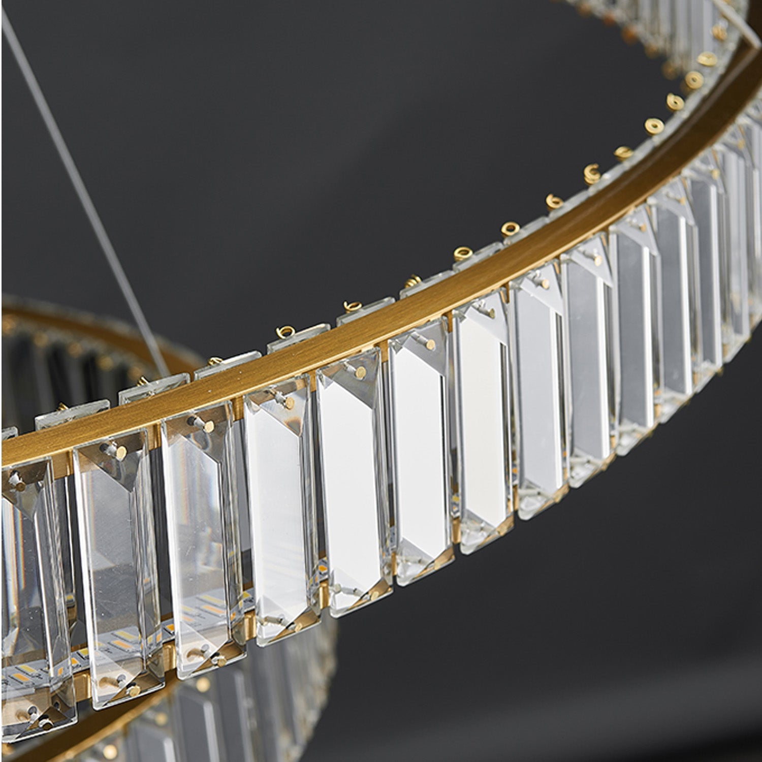 detailed view of gold frame and crystal prisms in modern luxury ring chandelier lighting fixture | Sofary Lighting