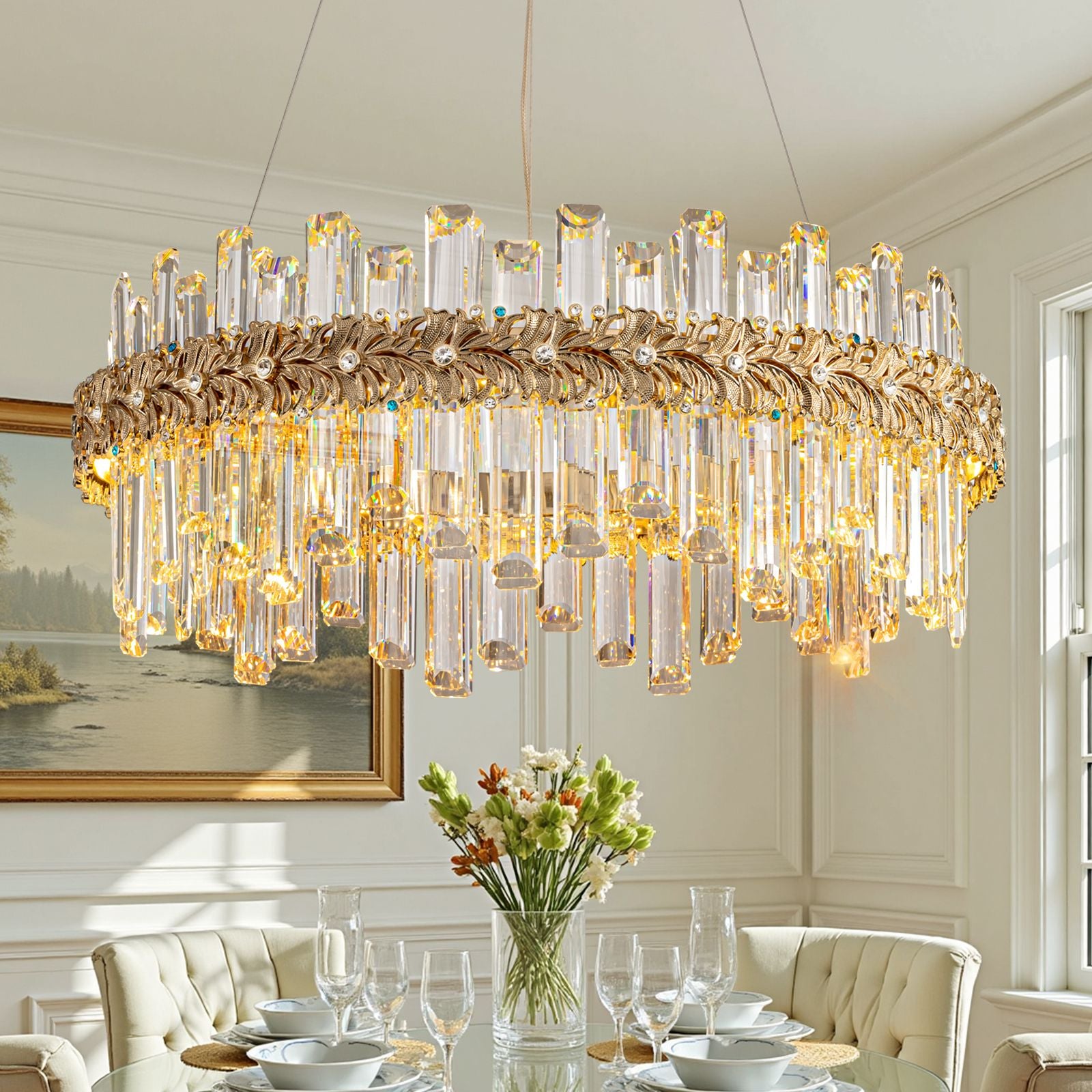 modern gold k9 crystal chandelier with leaf edge design hanging above dining table luxury dining room lighting fixture | Sofary Lighting