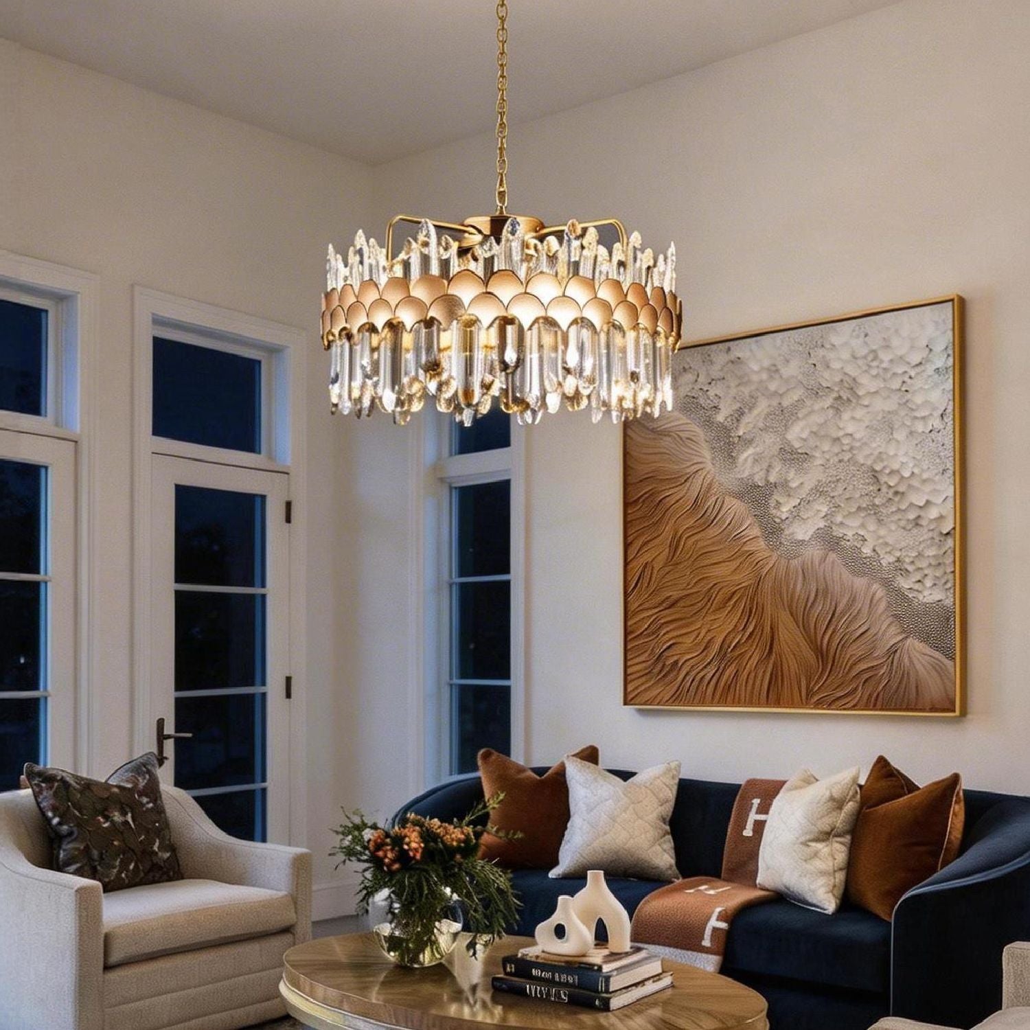 gold k9 crystal round chandelier lighting modern living room with sofa and decorative interior | Sofary Lighting