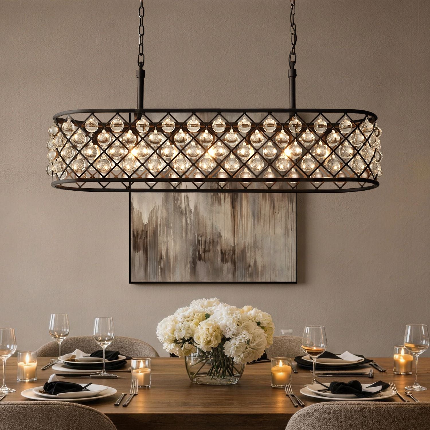 Harlow Modern Industrial Matte Black K9 Crystal Rectangle Chandelier in a dining room — hanging above a wooden table with white flowers, elegant tableware, and a dark paneled wall backdrop | Sofary Lighting