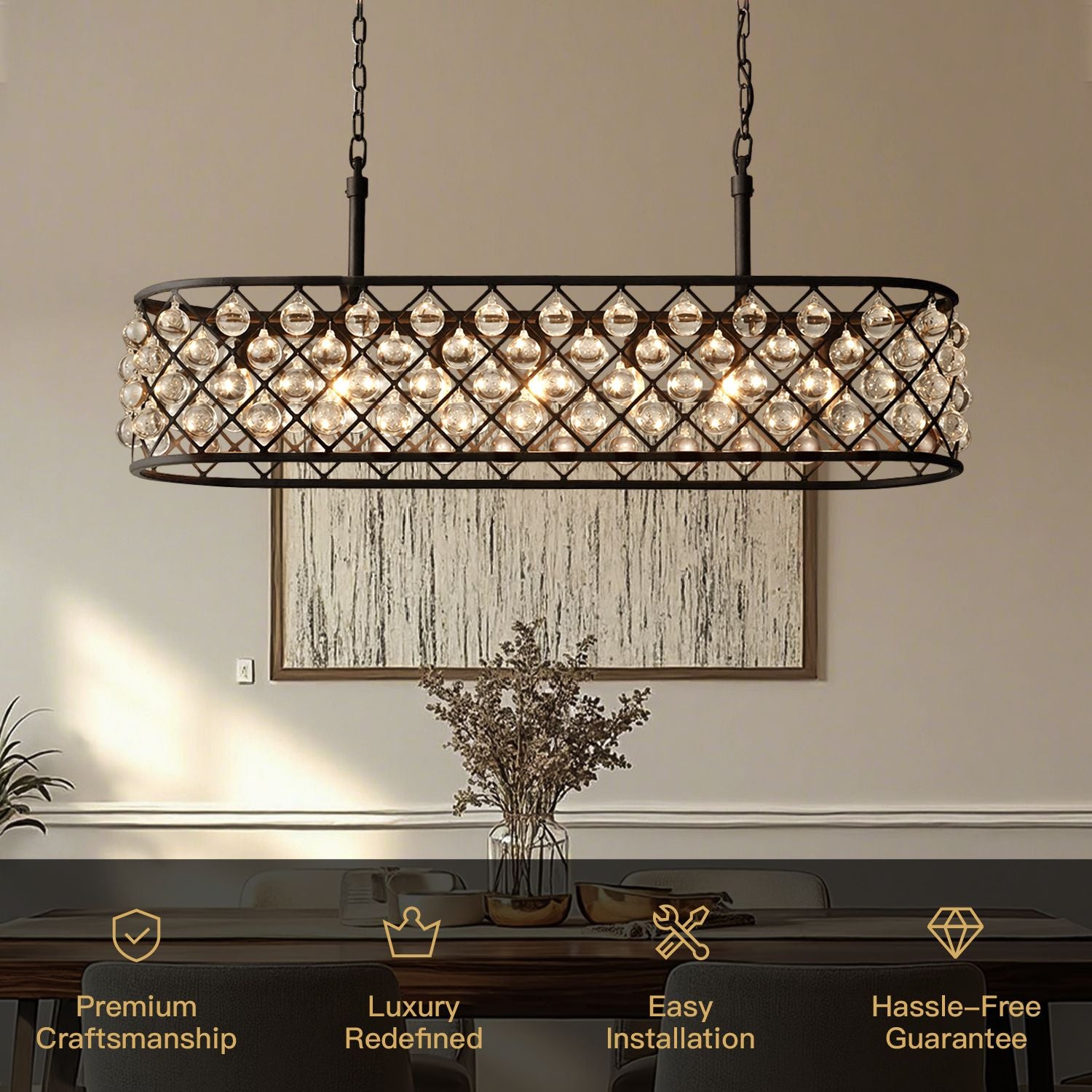 Harlow Modern Industrial Matte Black K9 Crystal Rectangle Chandelier key features: Premium Craftsmanship, Luxury Redefined, Easy Installation, Hassle-Free Guarantee | Sofary Lighting
