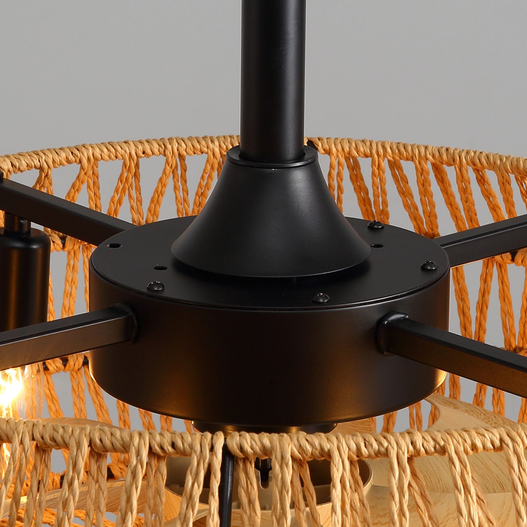 Haven Fan motor housing close-up — sturdy matte black metal mount, secure blade brackets, farmhouse industrial build quality | Sofary Lighting