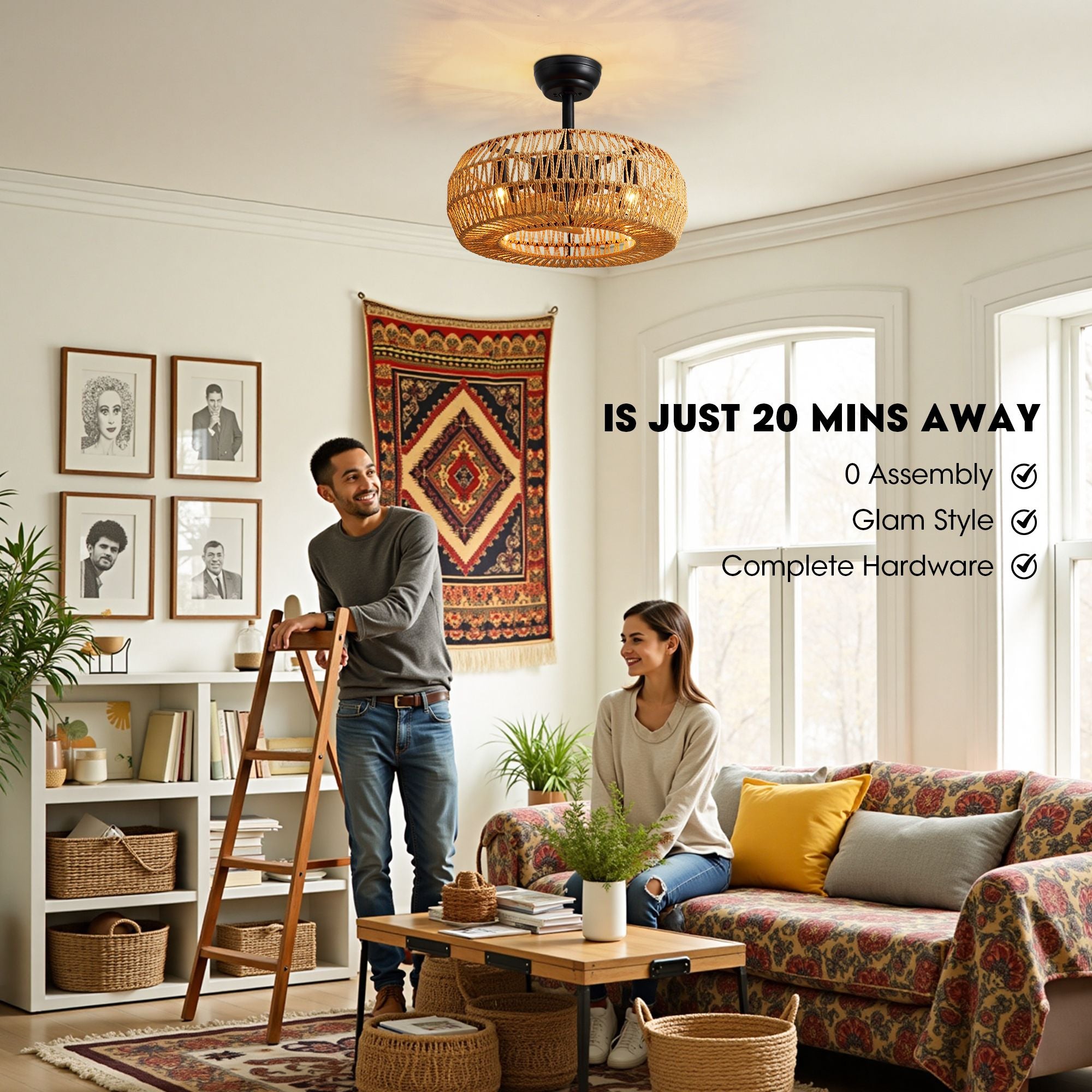 Haven Farmhouse Ceiling Fan quick-install benefits — 20-minute setup, zero assembly required, glam boho style, complete hardware included | Sofary Lighting