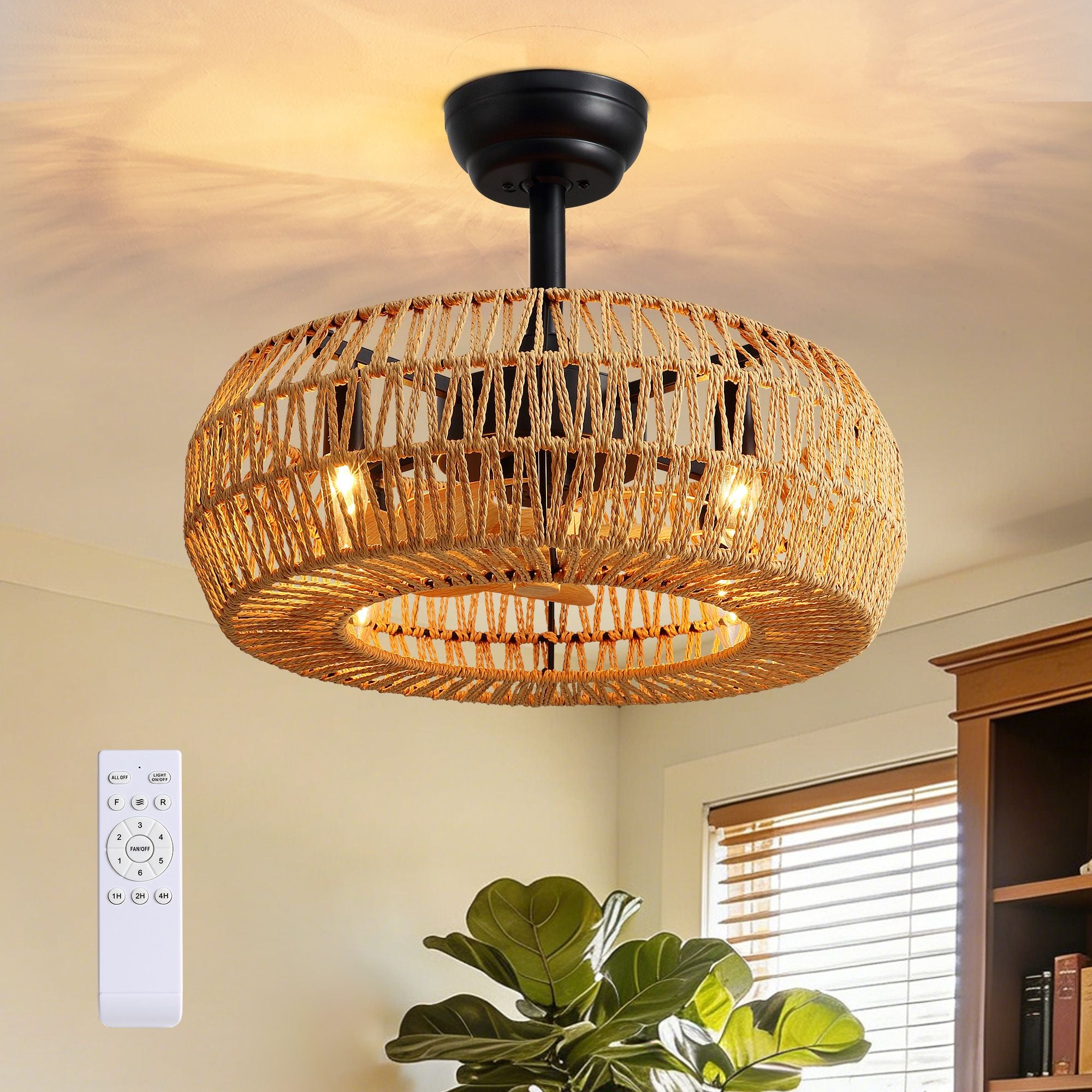Haven 19.68" Modern Farmhouse Caged Ceiling Fan with Light — woven rattan cage shade, remote control, warm ambient glow, black matte finish | Sofary Lighting