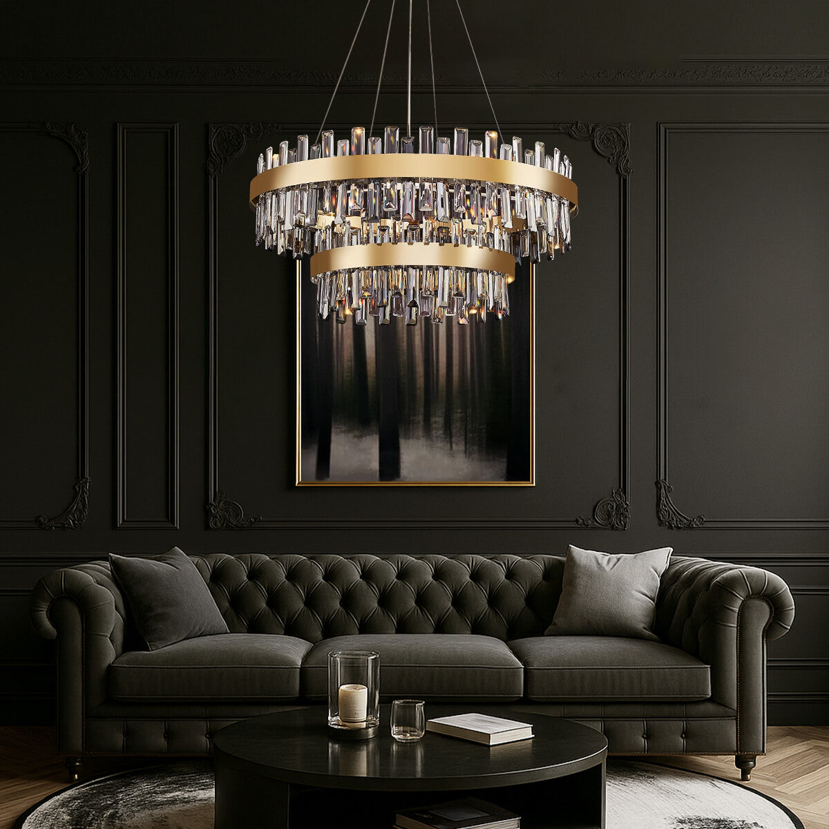 Aurum Elegance Modern Gold Brass Dual Tier Crystal Round Chandelier for ...