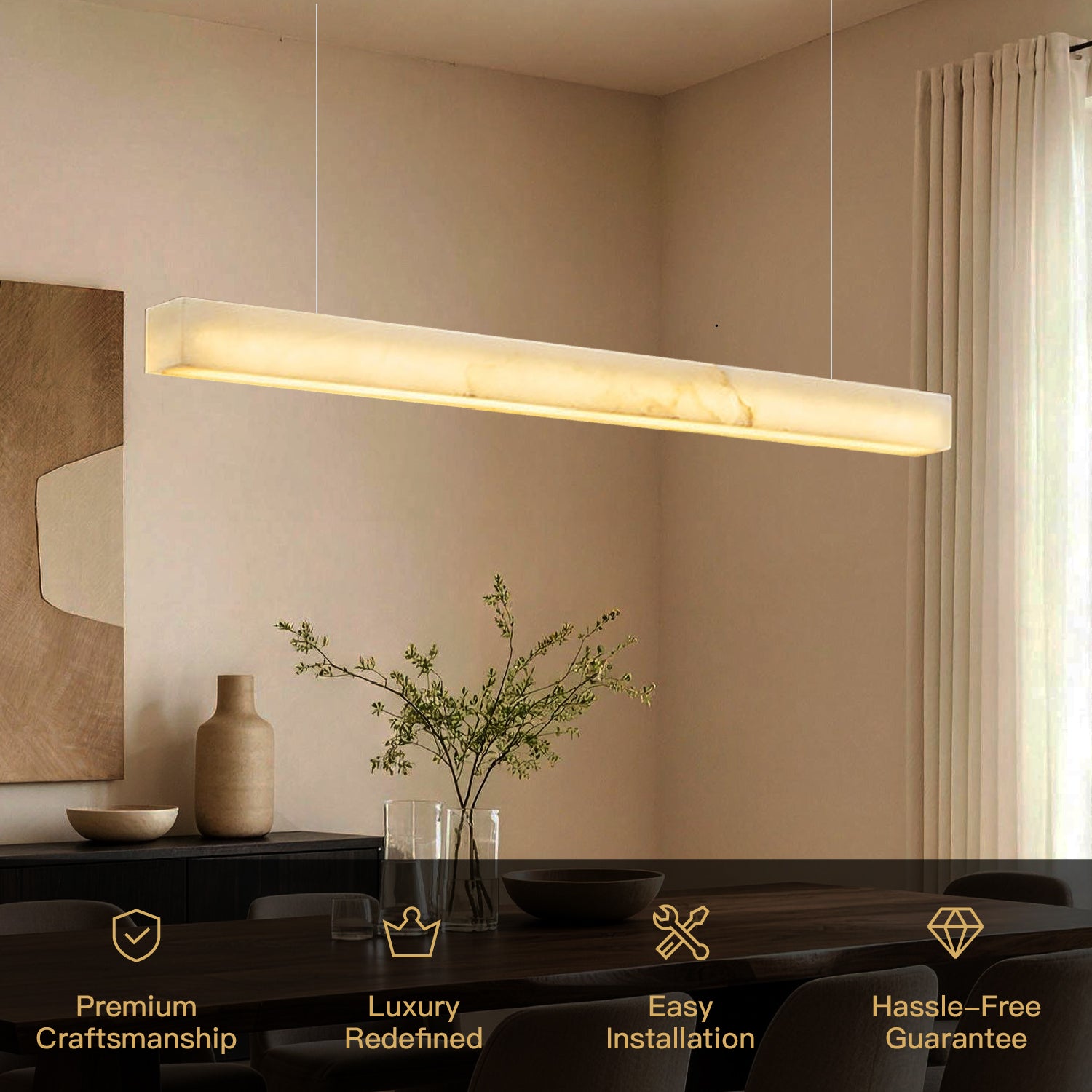 Horizon Modern Minimalist Alabaster Ultra-Slim Linear LED Chandelier key features: Premium Craftsmanship, Luxury Redefined, Easy Installation, Hassle-Free Guarantee — displayed over a dining table with green plant decor | Sofary Lighting
