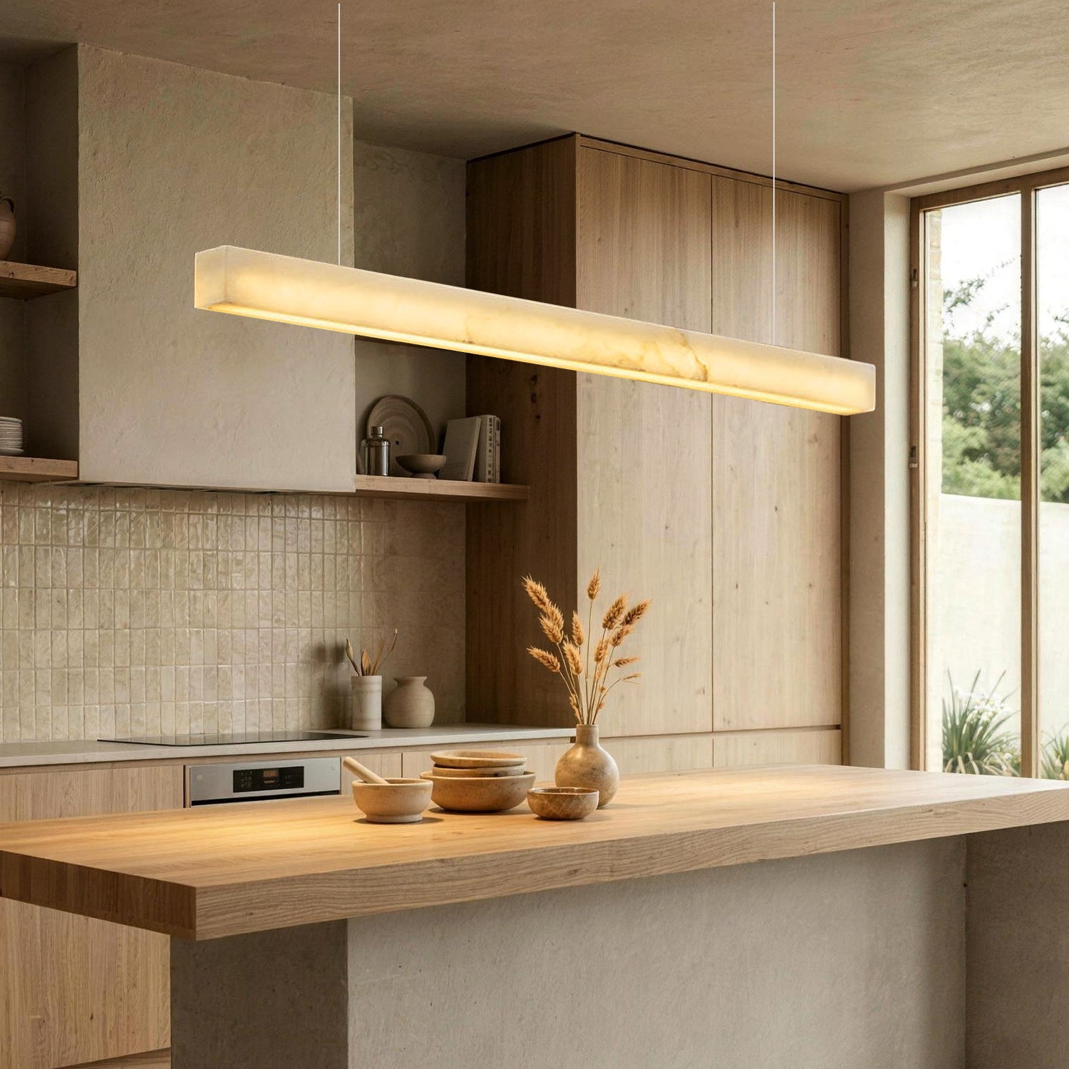 Horizon Modern Minimalist Alabaster Ultra-Slim Linear LED Chandelier in a modern kitchen — hanging above a light wood kitchen island with ceramic bowls and a vase of dried flowers, against light wood cabinetry | Sofary Lighting