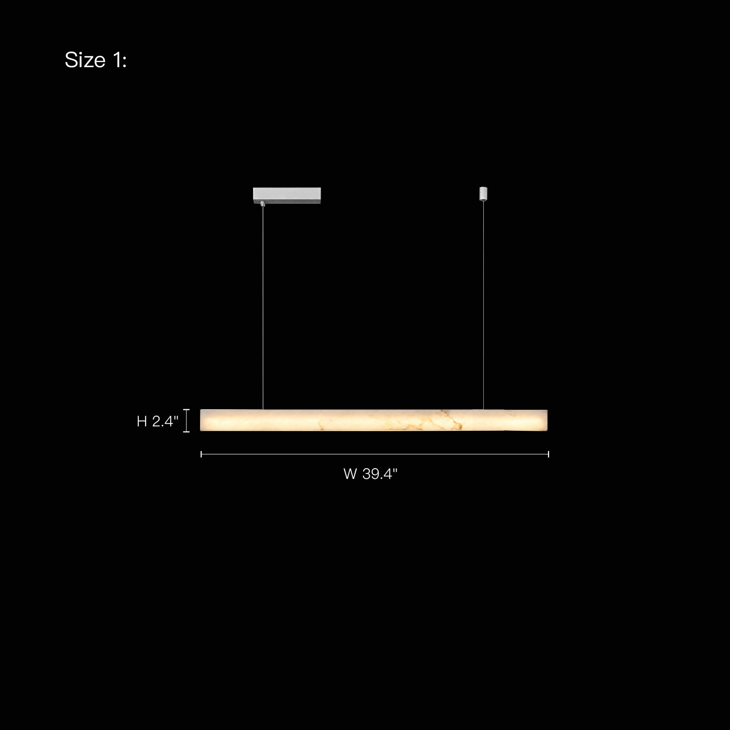 Size diagram for Horizon Modern Minimalist Alabaster Ultra-Slim Linear LED Chandelier (Size 1) — dimensions: Height 2.4 inches, Width 39.4 inches, displayed on black background with product silhouette | Sofary Lighting