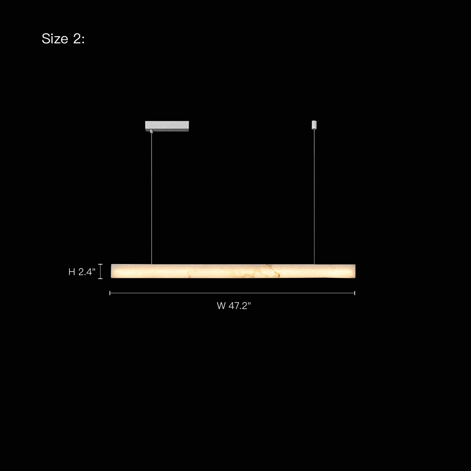 Size diagram for Horizon Modern Minimalist Alabaster Ultra-Slim Linear LED Chandelier (Size 2) — dimensions: Height 2.4 inches, Width 47.2 inches, displayed on black background with product silhouette | Sofary Lighting
