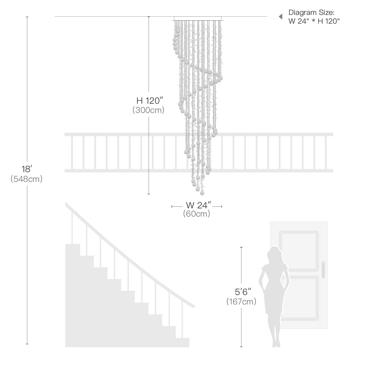 dimensions diagram of modern elegant k9 crystal spiral raindrop staircase chandelier lighting fixture | Sofary Lighting