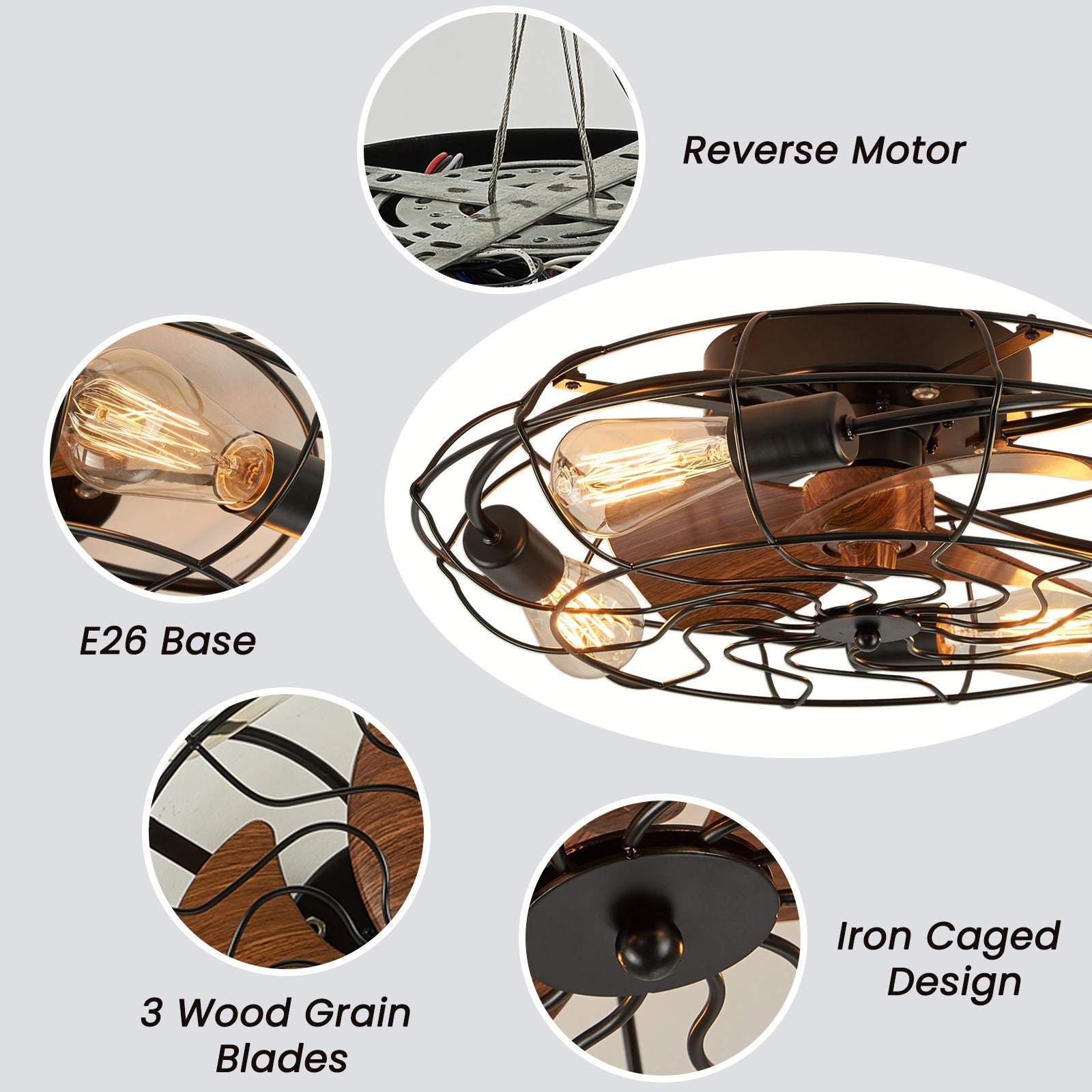 Close-up of Kestrel’s industrial caged design — black wrought iron frame, curved wood grain blades, E26 socket, vintage Edison bulb glow | Sofary Lighting