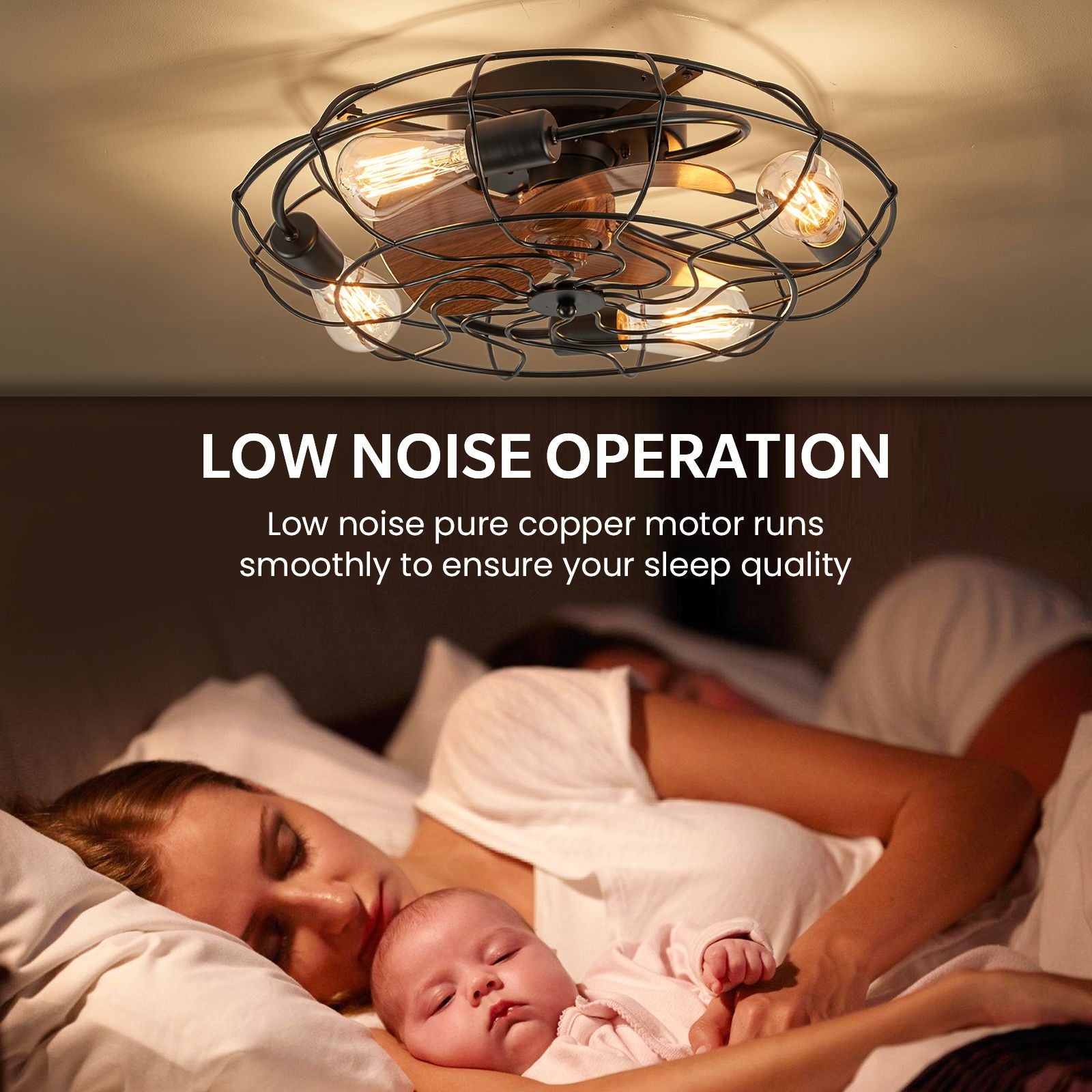 Kestrel Ceiling Fan low noise operation — pure copper DC motor runs smoothly at 30dB, ensuring peaceful sleep for babies and light sleepers | Sofary Lighting