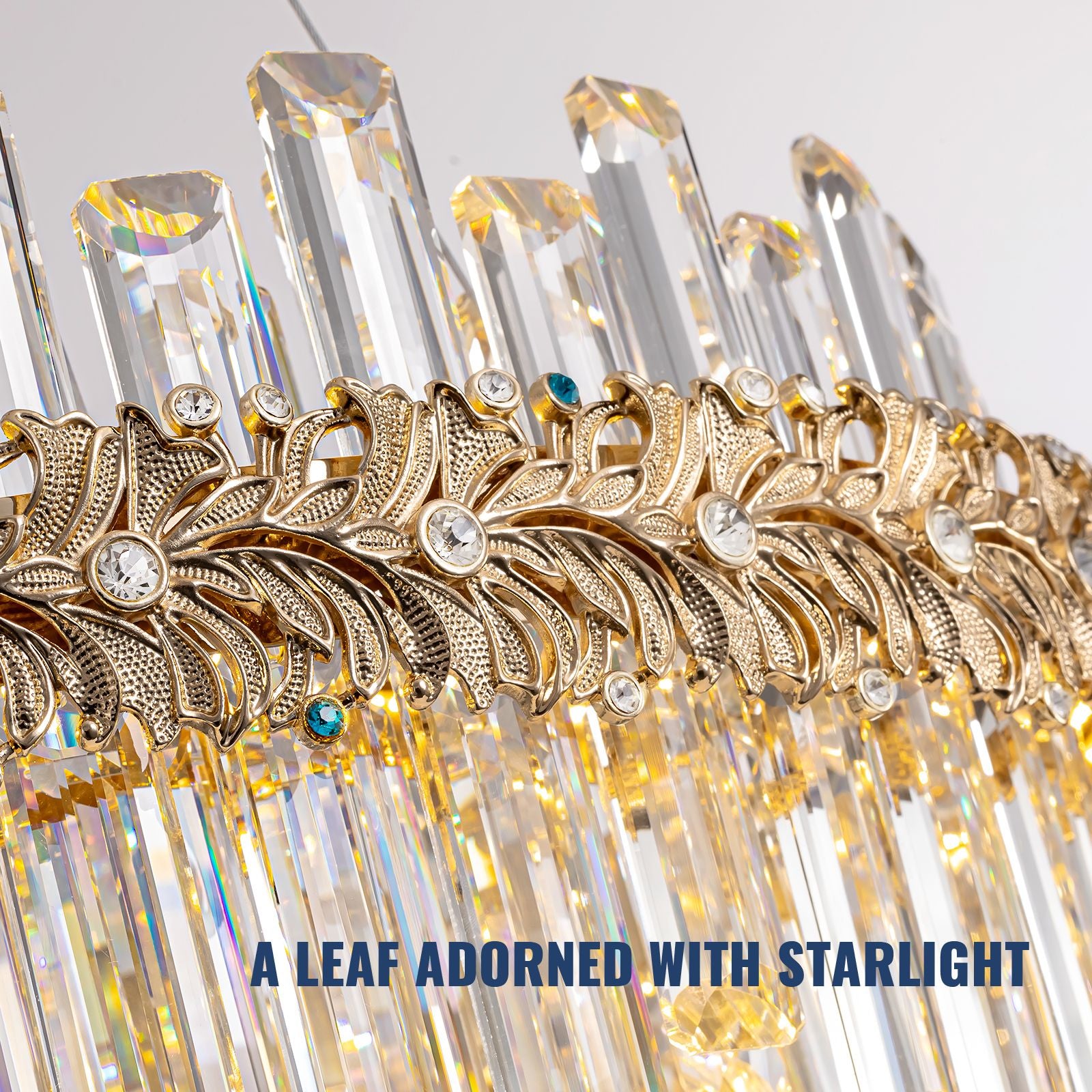 close up of gold leaf edge chandelier frame with k9 crystal rods showing luxury craftsmanship and detailed design | Sofary Lighting