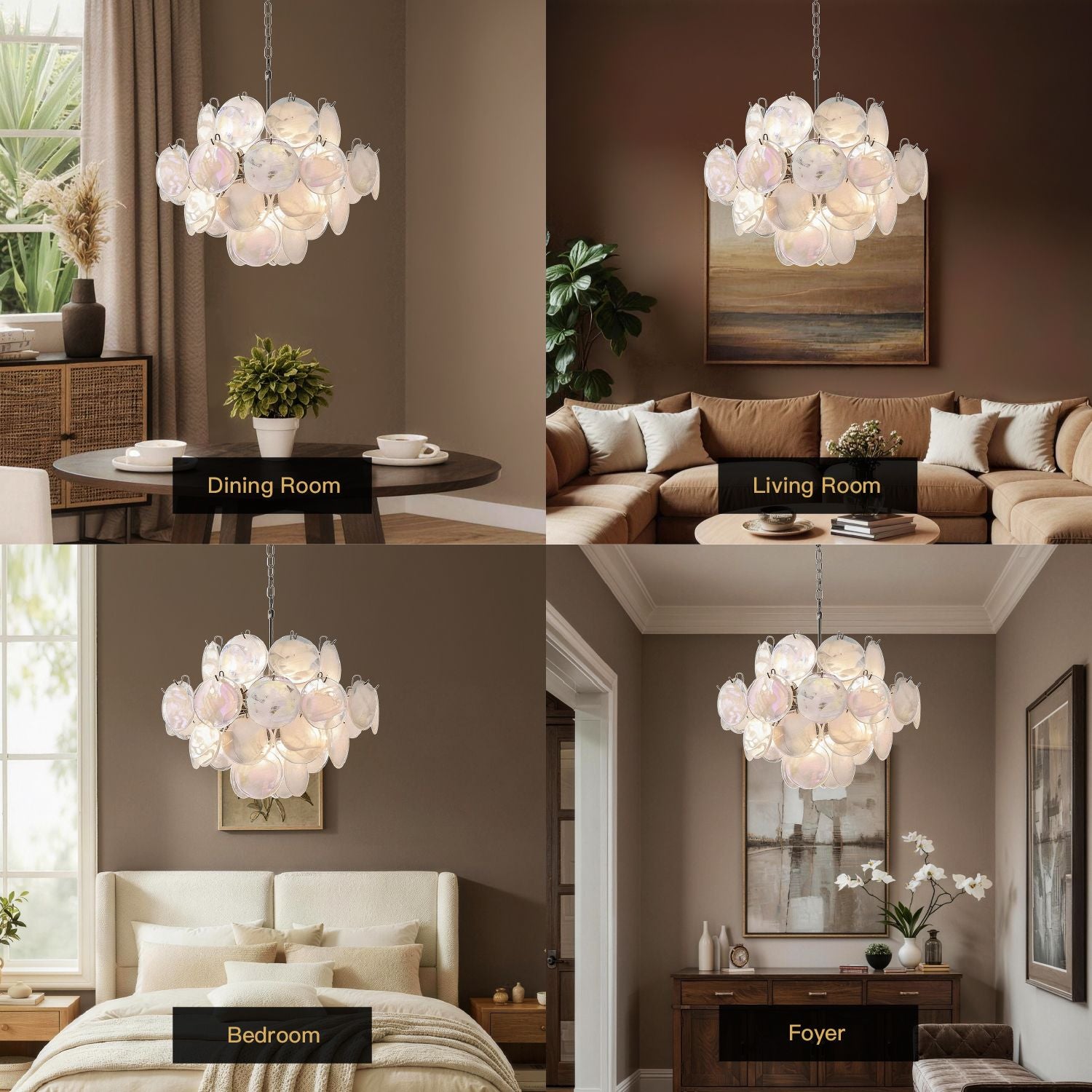 Luna Artistic Nordic Moonlight White Acrylic Petal Three-Color Eye-Care Chandelier shown in four elegant settings: dining room, living room, bedroom, and foyer — perfect for modern Nordic interiors | Sofary Lighting