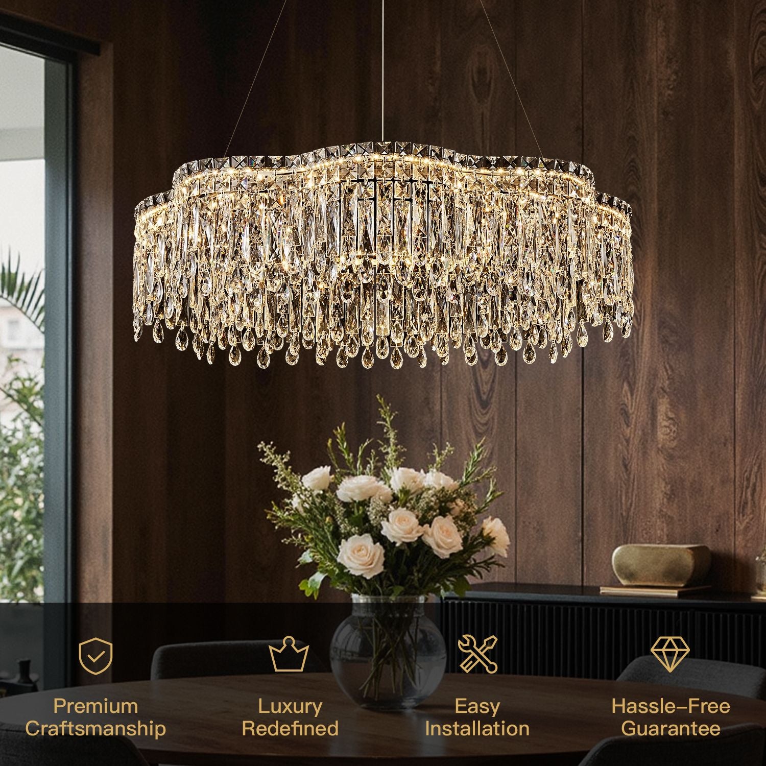 Luna Modern Wave Integrated LED K9 Crystal Ring Chandelier key features: Premium Craftsmanship, Luxury Redefined, Easy Installation, Hassle-Free Guarantee | Sofary Lighting